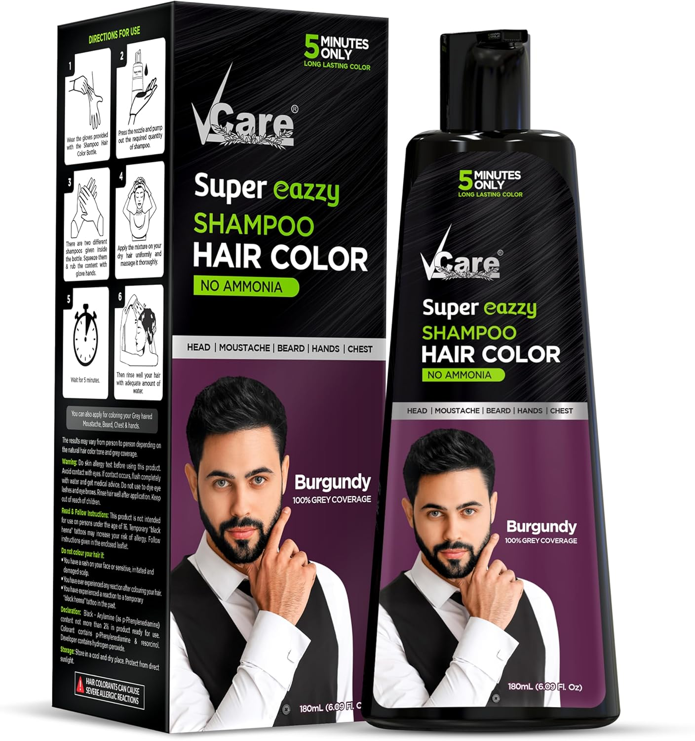 Vcare Super Eazzy Hair Colour Shampoo for Women and Men 180Ml | Only 5 Minute Root Hair Dye Coloring Kit Head, Moustache, Beard, Hands, Chest | No Parabens, Ammonia and Sulfates (Natural Black)