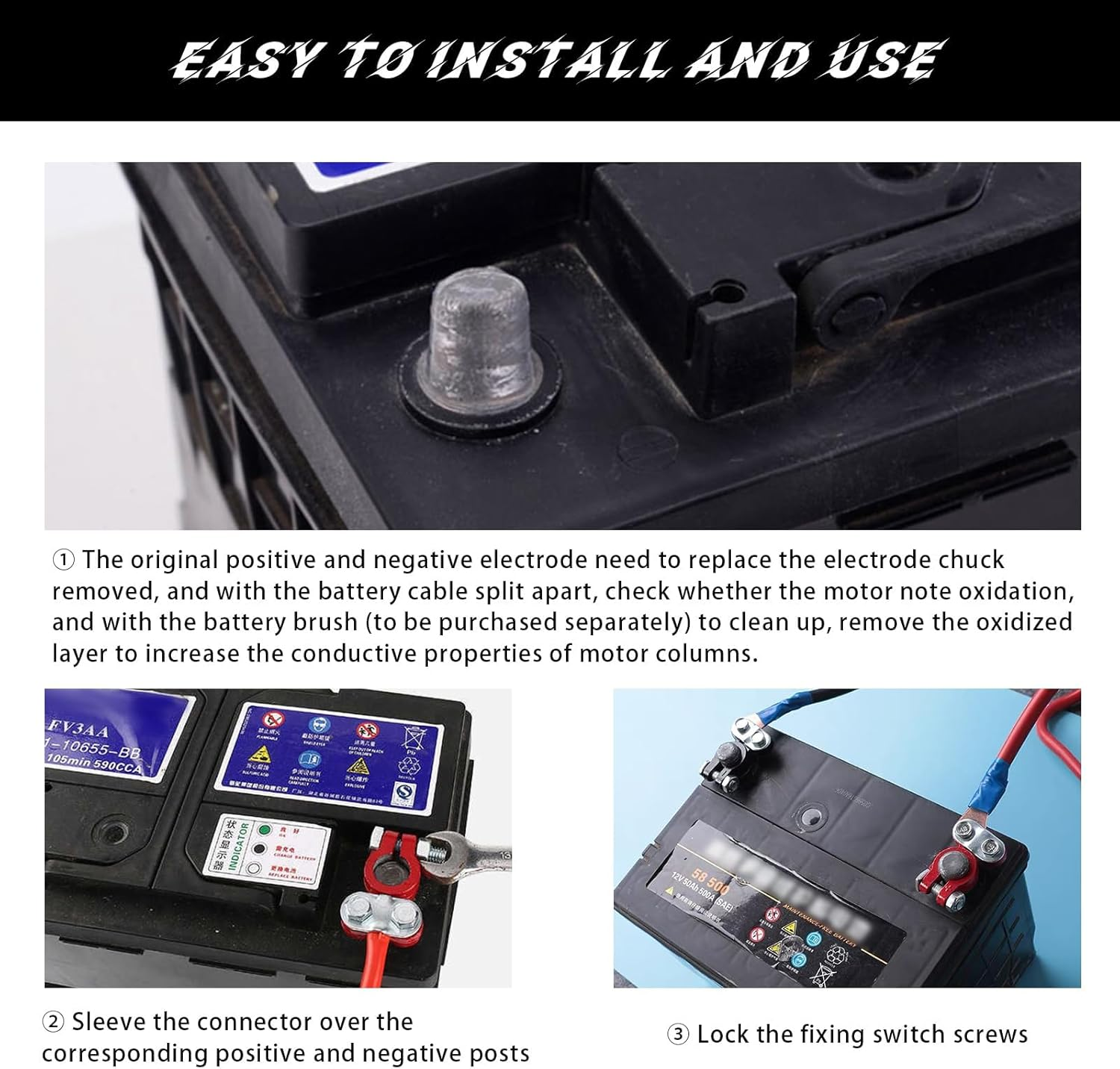 Dickno 4 PCS Battery Terminals Connector, anti Corrosion Top Post Battery Terminal Clamp with Felt Fiber Washer, Adjustable Positive Negative Battery Cable End for Car, Boat, Truck