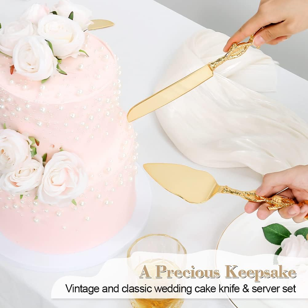 Cake Cutting Set for Wedding, Personalized Gold Cake Knife and Server Set, Custom Cake Serving Set, Engraved Pastry Pie Server Cake Pizza Cutter, Birthday Bridal Gift (F-Rose), GF678 image number 2
