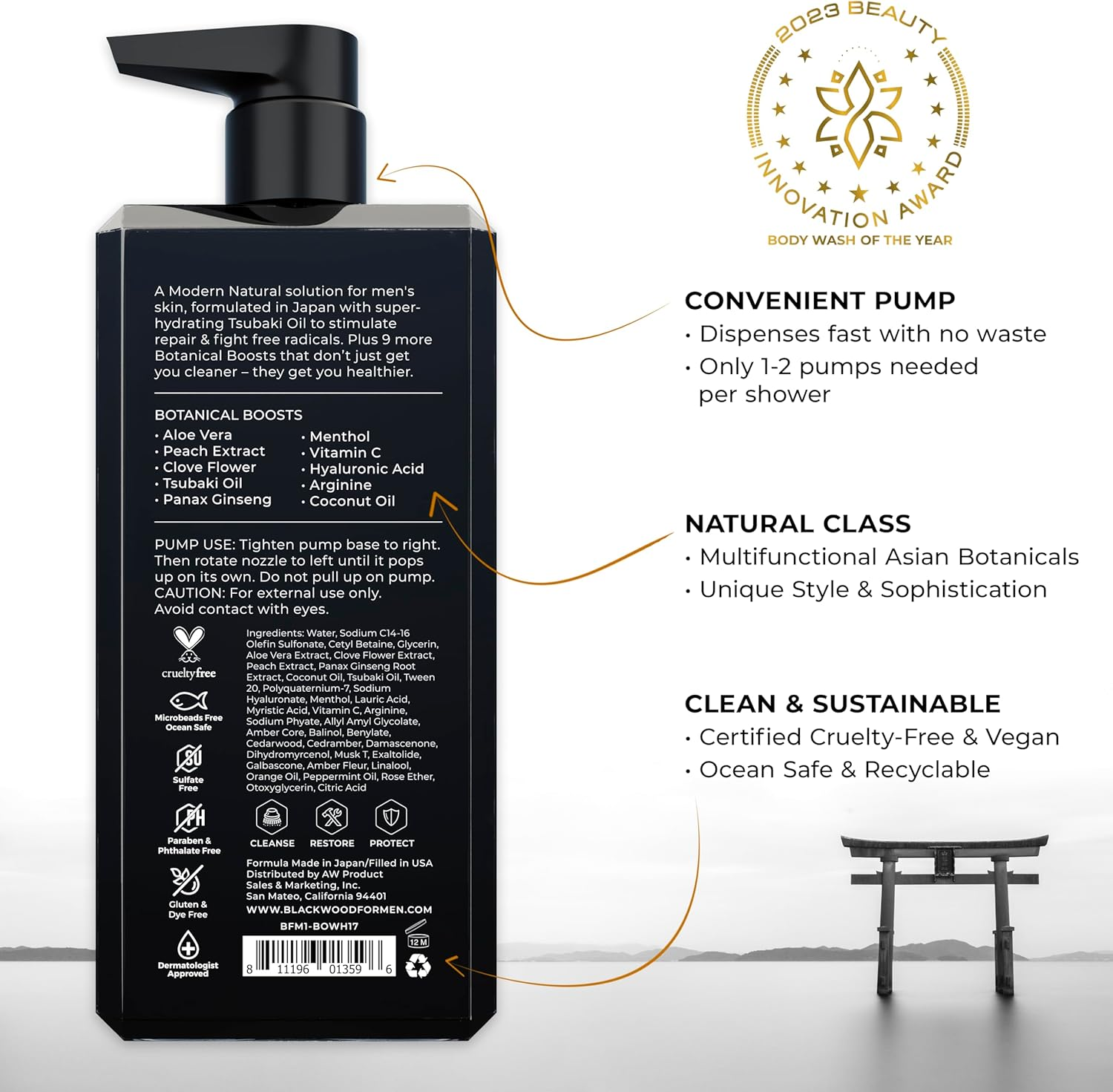 Blackwood for Men Pure Moisture Body Wash - Infused with Ginseng & Menthol - Natural Cleanser for Dry or Sensitive Skin - Ideal for Workout Recovery - Sulfate Free, Dye Free & Vegan (17 Oz)