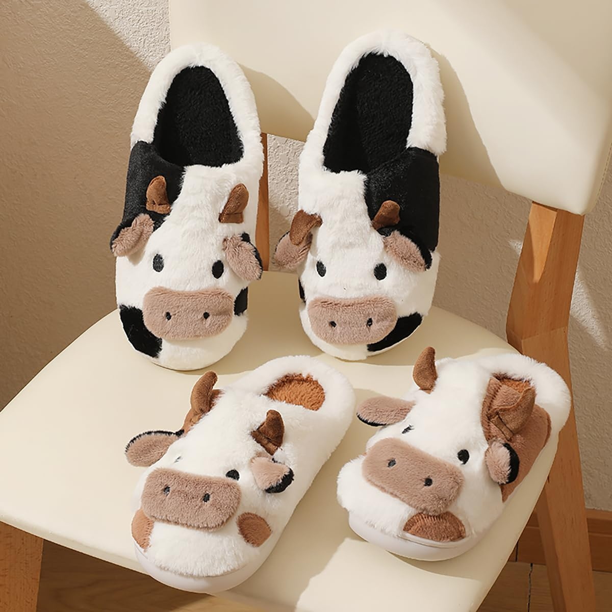 RAGEFIVE Cute Cow Slippers for Women Girls Fuzzy Plush Cotton Slippers Household Indoor Outdoor Slippers image number 2