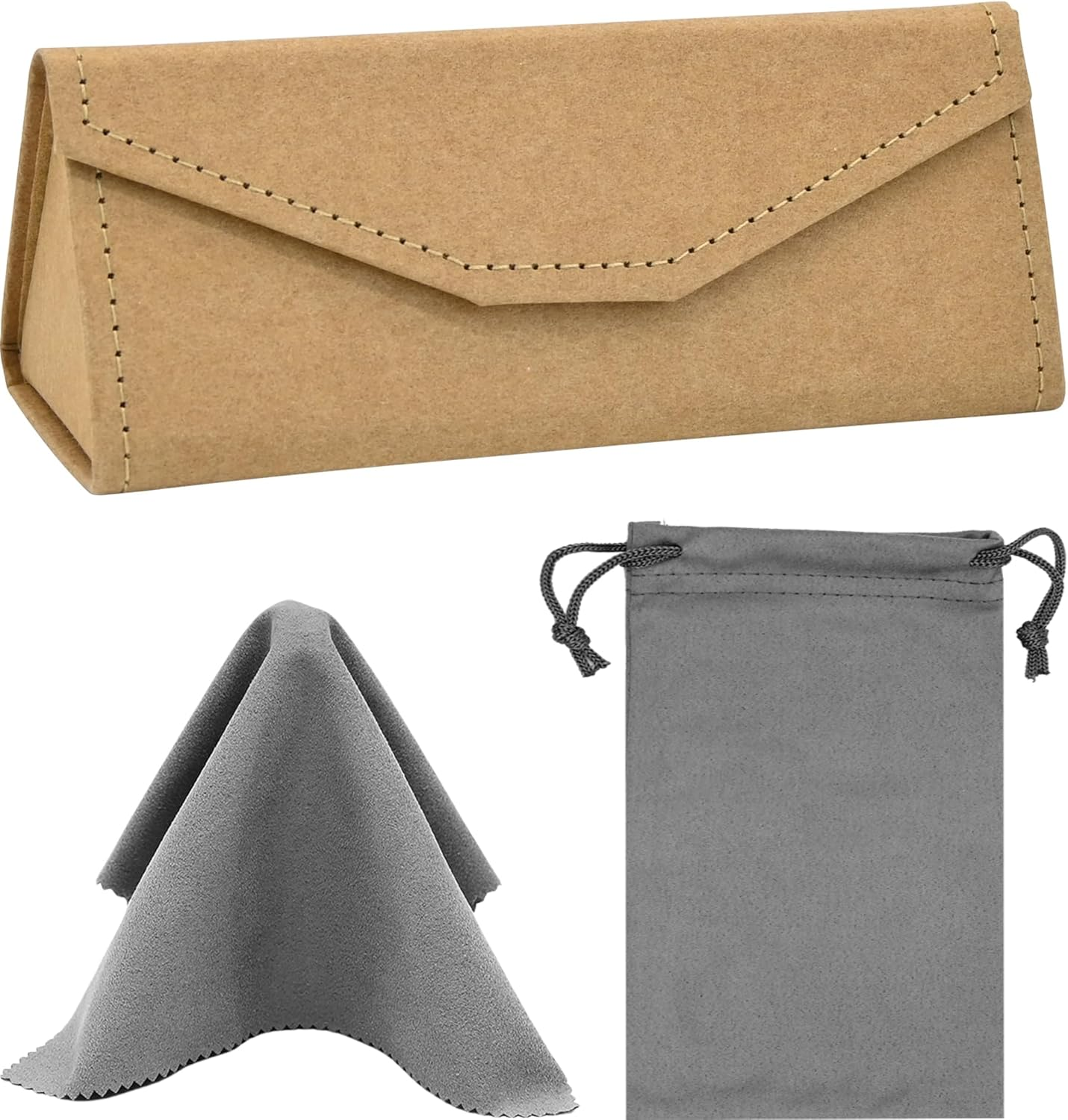 Foldable Eyeglass Case with Cleaning Cloth & Pouch - Magnetic PU Leather Glasses Case - Portable & Lightweight Sunglasses Storage Triangular Fold Reading Glasses Eyewear Protector Box for Men & Women