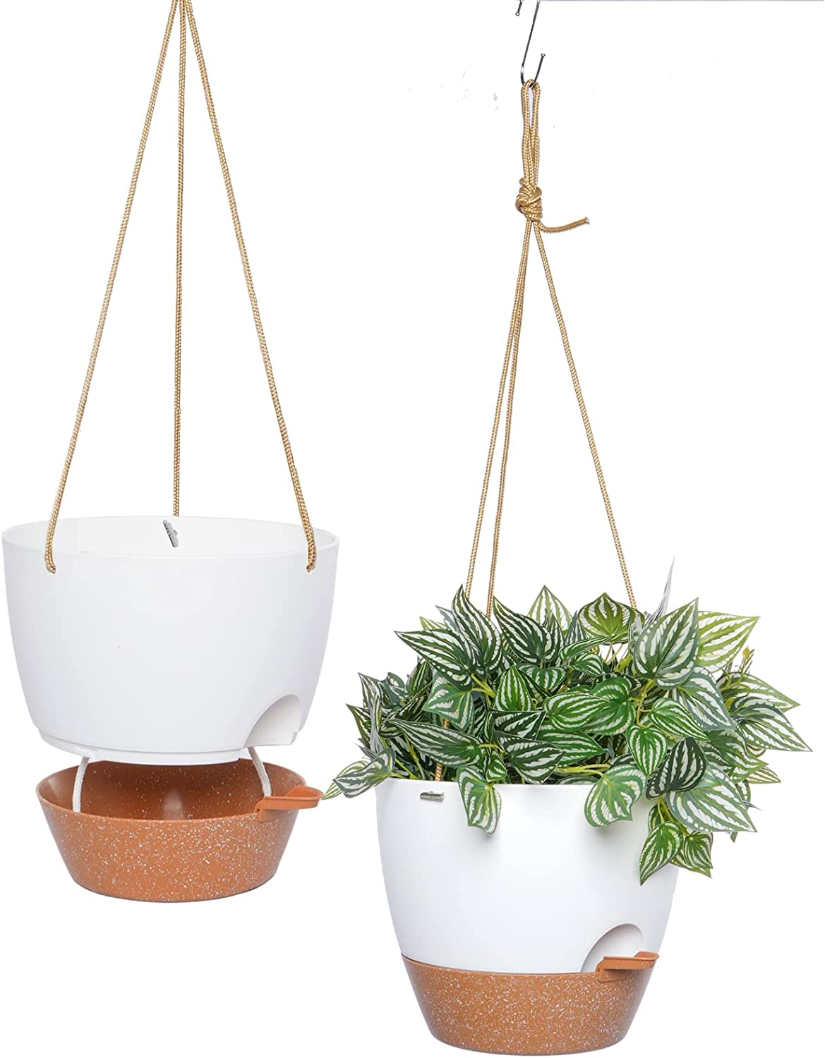 Swinduck 10 Inch Self Watering Hanging Pots, 2 Pack Hanging Planters with 40Oz Deep Reservior for Indoor Outdoor Plants Flowers, White with Brown image number 3