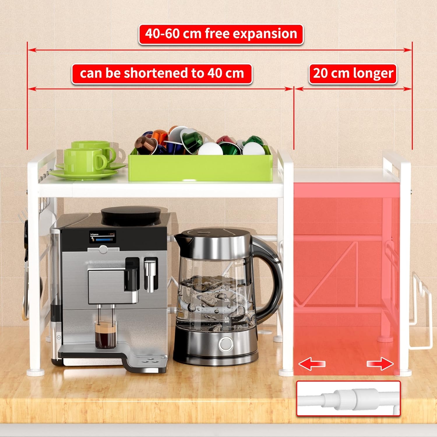 YIUKEA Extendable Microwave Oven Rack - Adjustable Kitchen Counter Shelf, 2 Tier Microwave Stand (L15.7~23.6" Xw12.8 Xh17.7) with 6 Hooks for Kitchen Countertop Organizer (White)