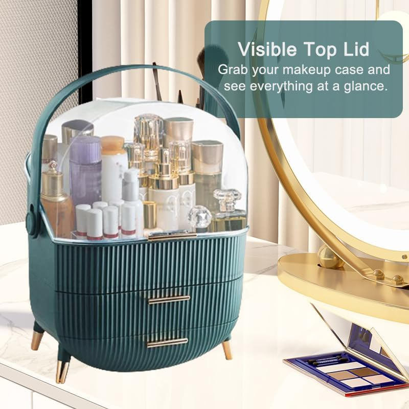 Leona Co Makeup Storage Organizer, Cosmetics Display Case Holder with 2-Layer Storage Drawer Box and Transparent Lid for Bedroom Vanity Desk, Countertop, Dresser (Green) image number 6
