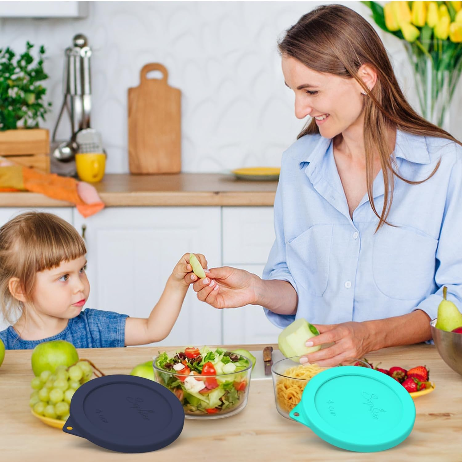 Sophico 4 Cup round Silicone Storage Cover Lids Replacement for Anchor Hocking and Pyrex 7201-PC Glass Bowls (Container Not Included) (Navy Blue-Mint) 4 Pack image number 2