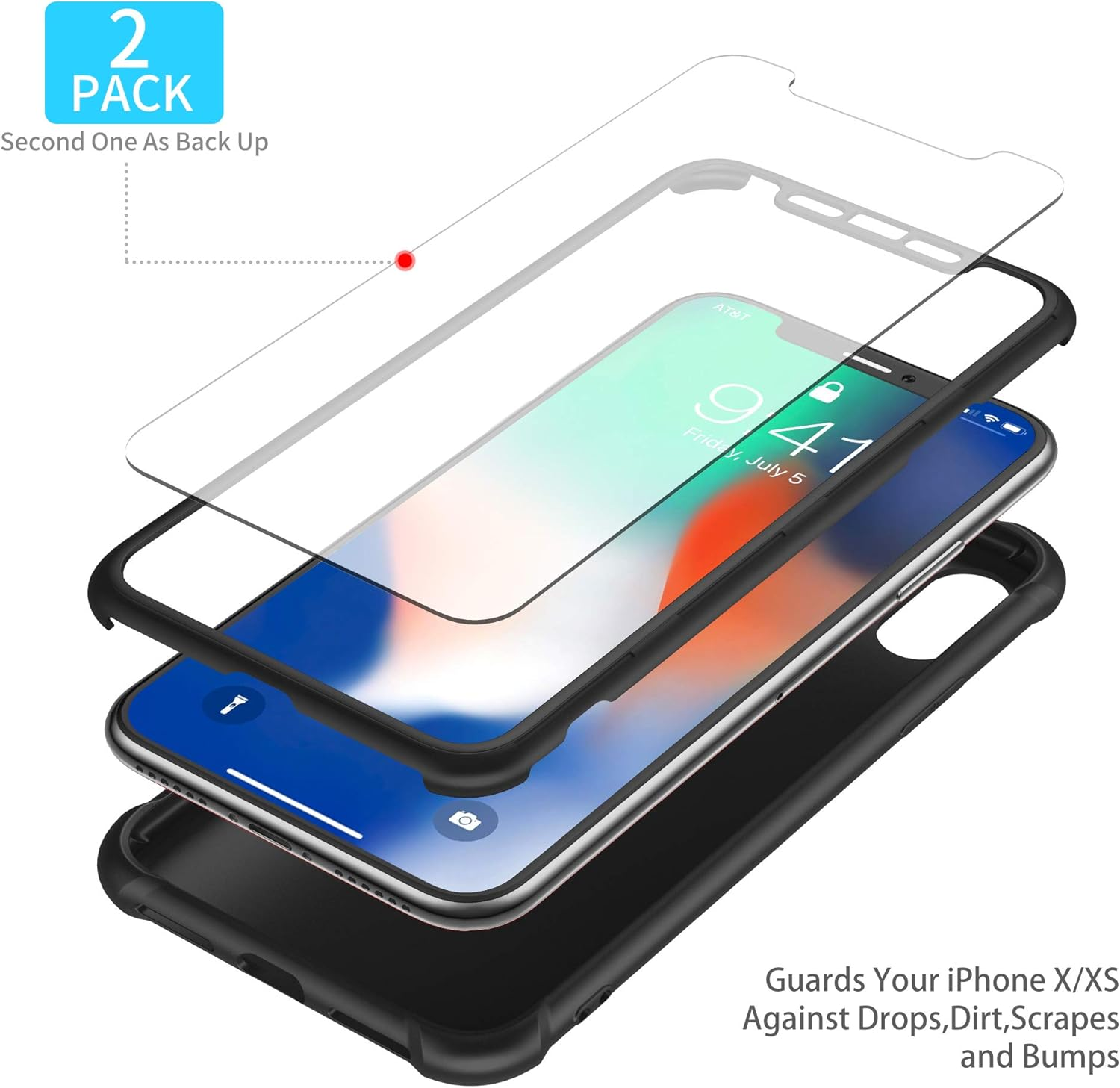 ORETECH Compatible with Iphone X Case Iphone Xs Case with [2 X Tempered Glass Screen Protector] 360&deg;Full Body Shockproof Case Ultra Thin Hard PC Silicone Case Cover for Iphone X/XS 5.8'' - Black - Blue image number 7