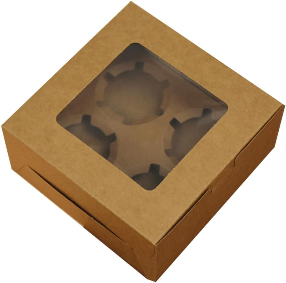 AIMALL 25Pcs Kraft Paper Cupcake Boxes with Window, 1/2/4/6/8/12 Cupcake Capacity, Maffen Packing Box for Desserts