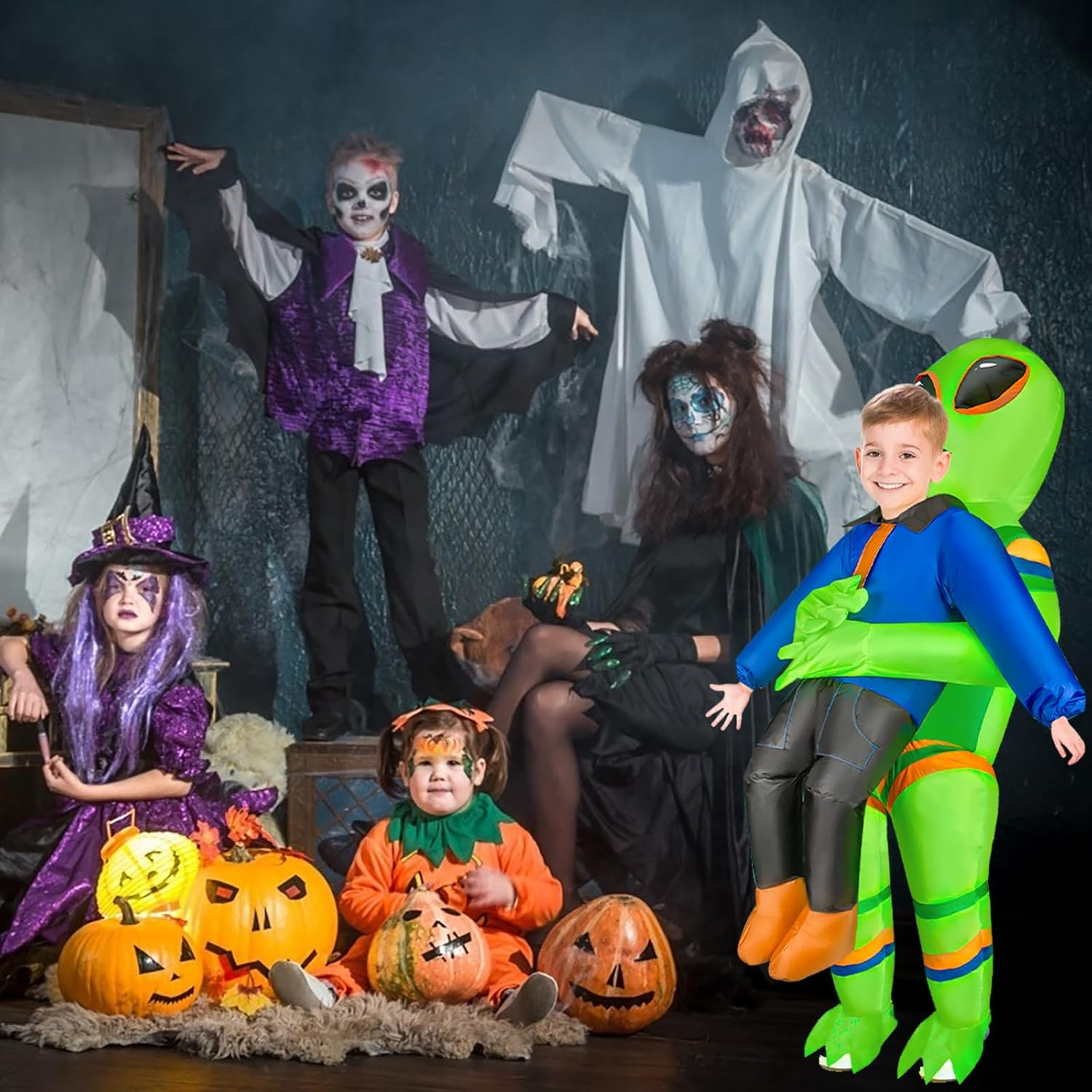 Inflatable Alien Costume for Adult Kids Blow up Alien Halloween Costumes Alien Abduction Costume Cosplay Party image number 5