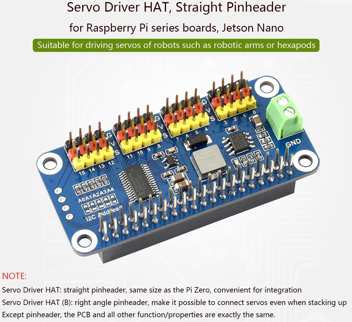 PWM Servo Motor Driver HAT Compatible with Raspberry Pi 5/4/3B+/ 3B Zero/Zero W/Zero WH and Jetson Nano, 16-Channel 12-Bit I2C Interface Straight Pinheader image number 5