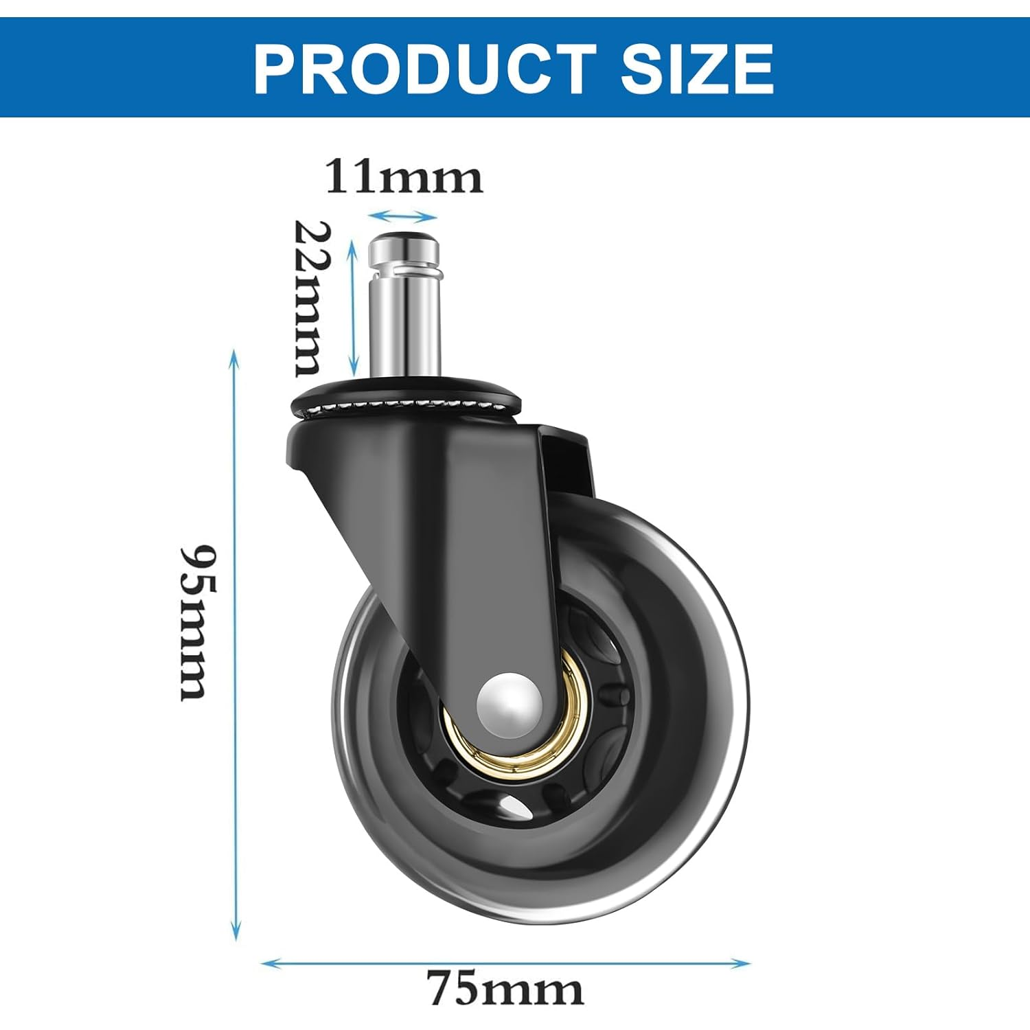 Office Chair Wheels, 3 Inch Heavy Duty Casters for All Floors, Universal 11X22Mm Stem, Set of 5, Black image number 3