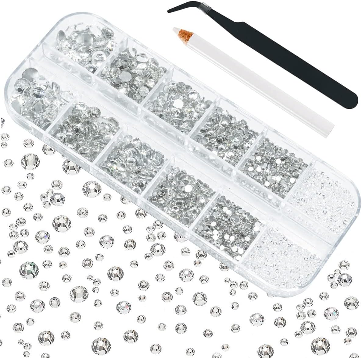 Qiipii 4010Pcs Nail Art Rhinestones Kit Crystal White Flatback Rhinestones 6 Sizes (1.6-6.1 Mm) up to SS30 round Clear Crystal Nail Gems Stones with Picking Pen, Tweezer for Nail DIY Craft Eyes Face - Blue image number 3