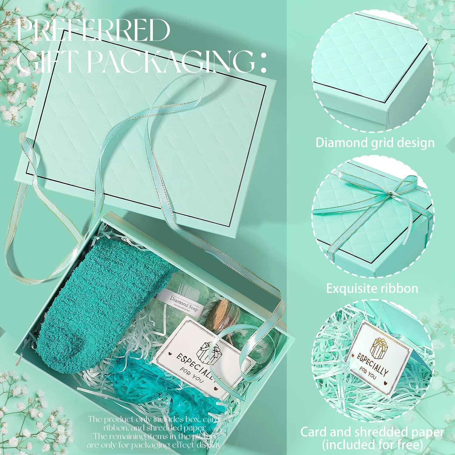 OSYLICT Gift Boxes with Lids,9.8 * 7 * 3.3 Inches with Card, Ribbon, Raffia Shredded Paper.Small Blue Gift Box for Presents,Christmas,Weddings, Birthdays,Bridesmaids. (Blue) - Pink image number 4