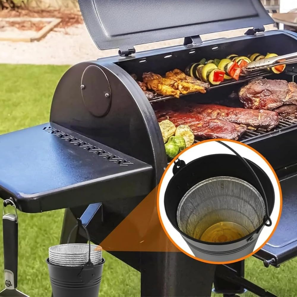 Poemtian Grease Bucket with 12-Pack Disposable Foil Liner, Rust-Proof Iron Alloy Drip Grease Can Tin Liners Replacment Drip Smoker Bucket Liners, Drip Tray Grease Bucket image number 1