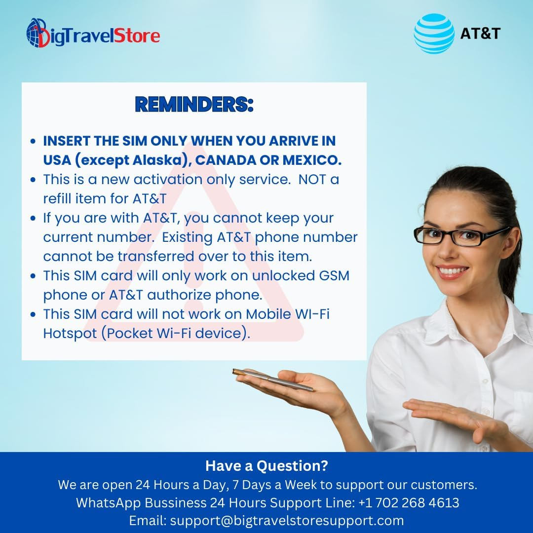 AT&T Brand USA, Canada and Mexico Prepaid Travel SIM Card Unlimited Call/Text and up to 50GB Highspeed Data in USA (Except Alaska) and 25GB Highspeed Data in Canada/Mexico Combined (30 Days) image number 1