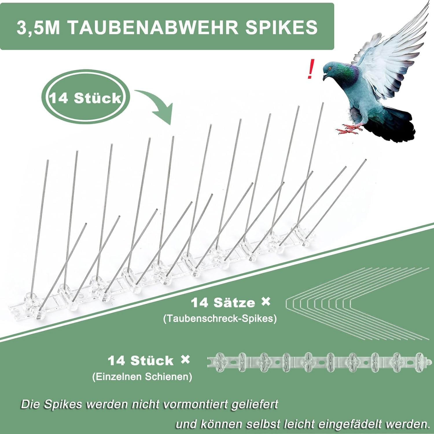 14 Rows Bird Spikes, Betterjonny 3.5M Length Stainless Steel anti Bird Fence Spike Disassembled anti Bird Spikes Smooth Bird Repellent Devices Outdoor for Balcony Roof Garden Window image number 1