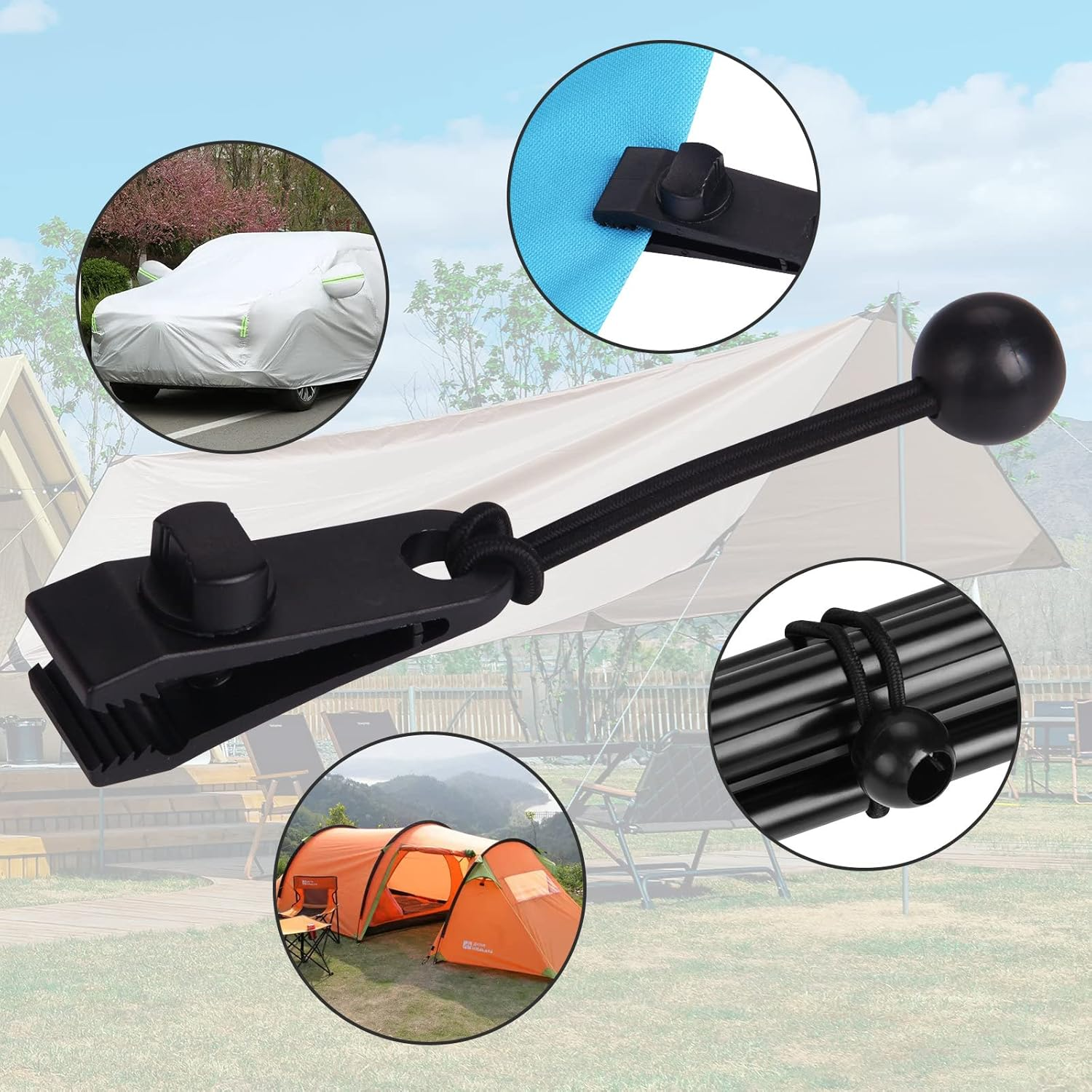 Tarp Clips Heavy Duty Lock Grip, 20 Pack Tarp Clamps with Ball Bungee Cords 6 Inch, Strong Tent Clips for Swimming Pool Cover RV Awnings Outdoor Camping Caravan Canopies Car Covers,Swimming Pool Cover image number 3