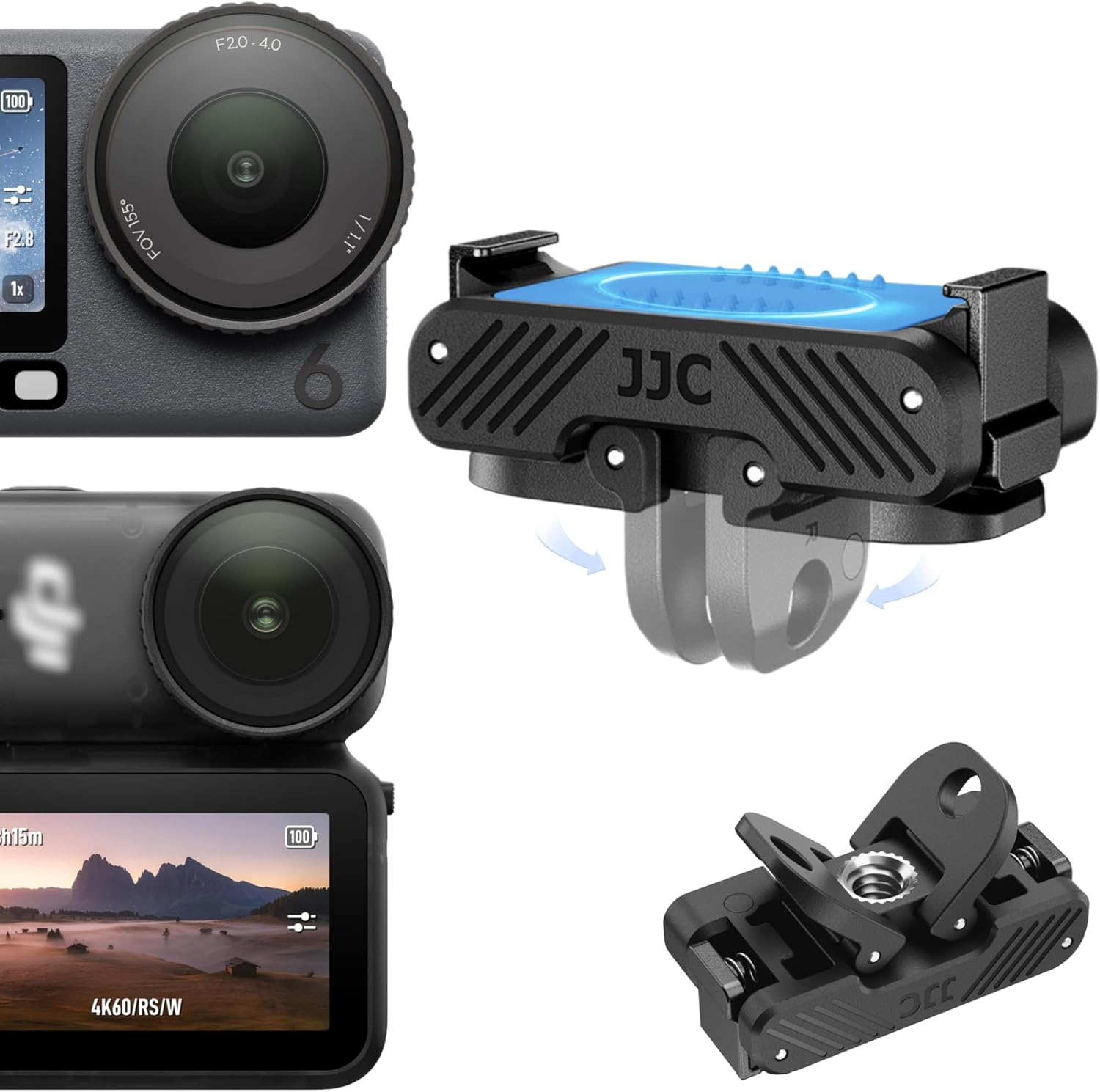 JJC Magnetic Quick Release Adapter for DJI OSMO Action 5 Pro 4 3, with 1/4&rsquo;&lsquo;-20 Screw Hole & Folding Action Camera Extension Adapter Claw Ports Compatible with Action5 Pro 4 3, OSMO 360