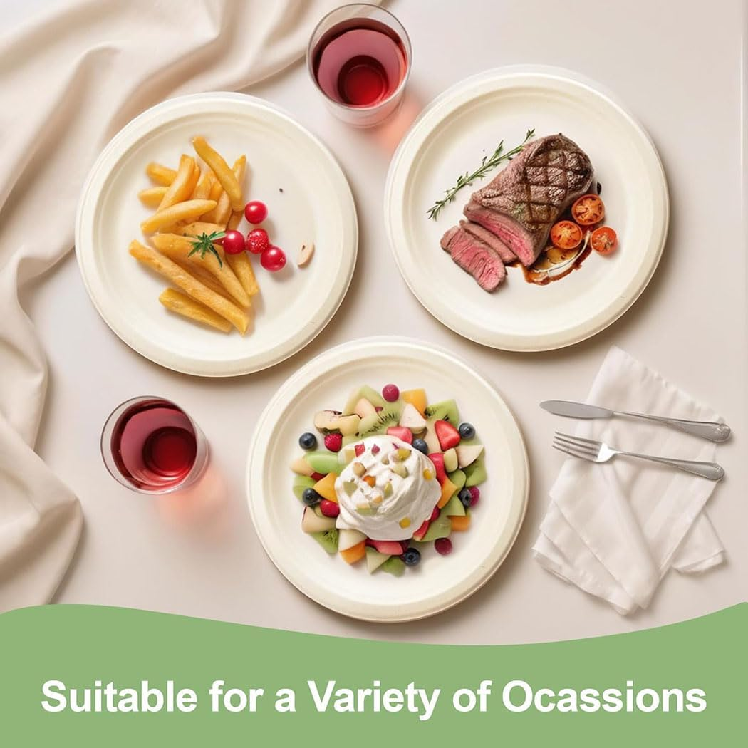 Idopick Compostable Paper Plates 9 Inch, 50 Pack Biodegradable Sugarcane Bagasse Disposable Heavy-Duty Plates, Eco-Friendly Unbleached Brown for Party, Wedding image number 6