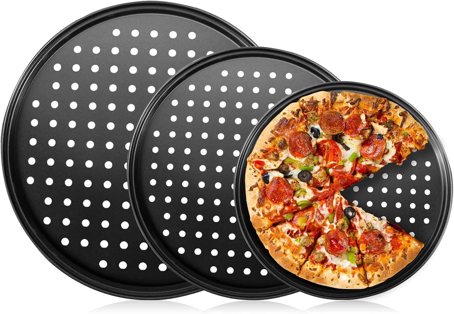 3-Piece round Baking Steel Pizza Pan Set with Holes, Nonstick Crisper Pizza Trays for Oven, 3 Sizes Bakeware Set for Home Kitchen（24Cm，28Cm，32Cm） image number 2