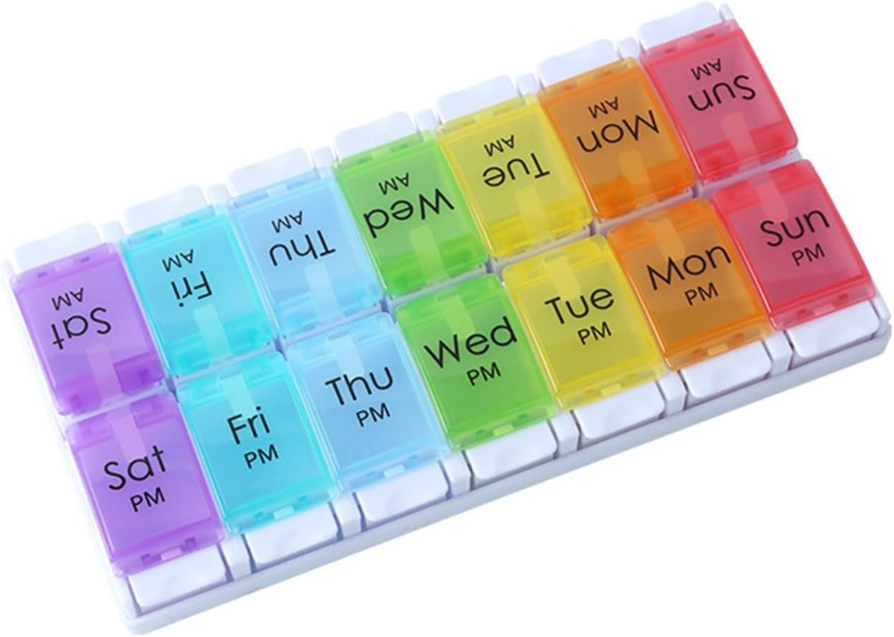 7-Day Pill Organizer (Black/White) | AM/PM Weekly Pill Case with Removable Trays & Push-Button Design | Bpa-Free, Large Capacity for Fish Oil, Vitamins, Supplements | Travel-Friendly Medication Box (14 Compartments)