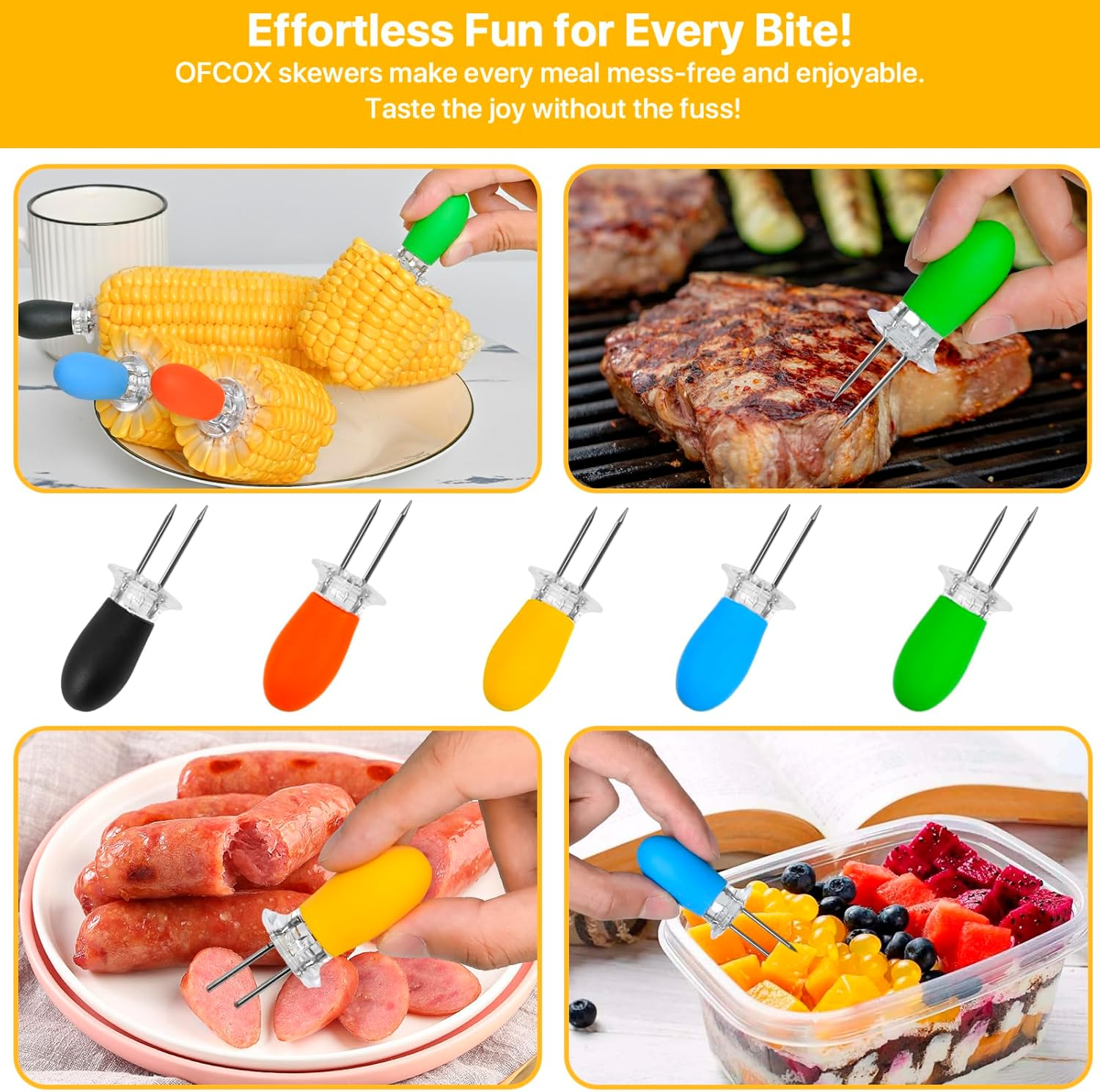 Corn on the Cob Holders Set - 5 Pairs Corn Holders with Soft Silicone Handles & Stainless Steel Pins, Vibrant Color Corn Cob Skewers, Easy-Grip Corn Sticks for Mess-Free Eating with Storage Box. image number 3