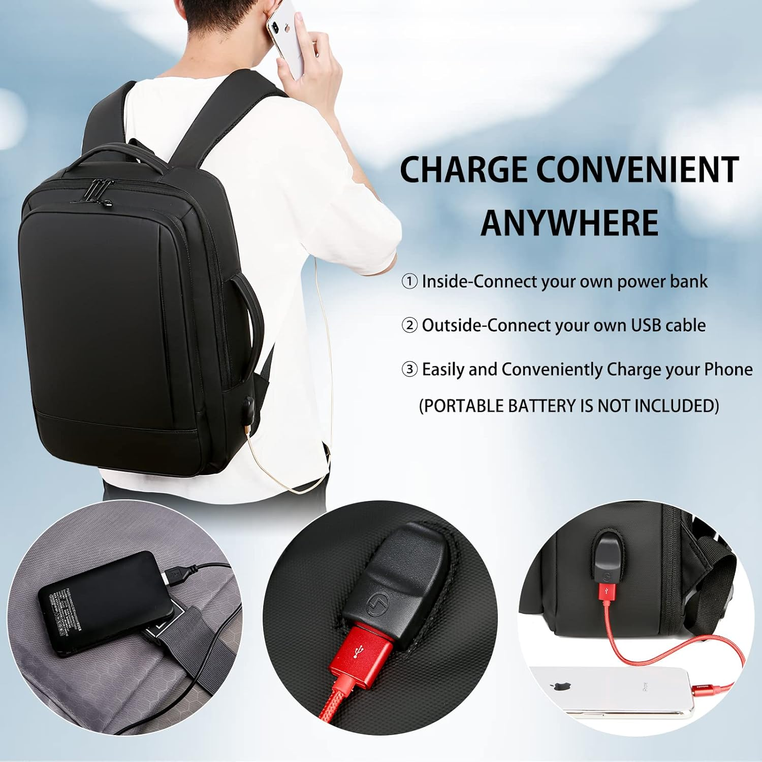 Travel Laptop Backpack 15.6 Inch Expandable Large Backpacks for Men Women Waterproof Business College Computer Bag with USB Charging Port,Black image number 3