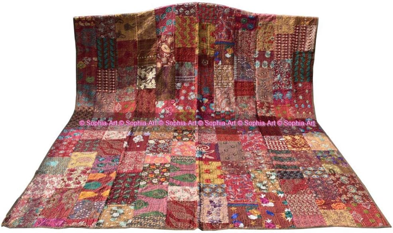 Handmade Vintage Khambadiya Print Hand Jari Patchwork King/Twin Size Embroidery Kantha Quilt Home Decorative Kantha Bedspread Indian Blanket Coverlet Art