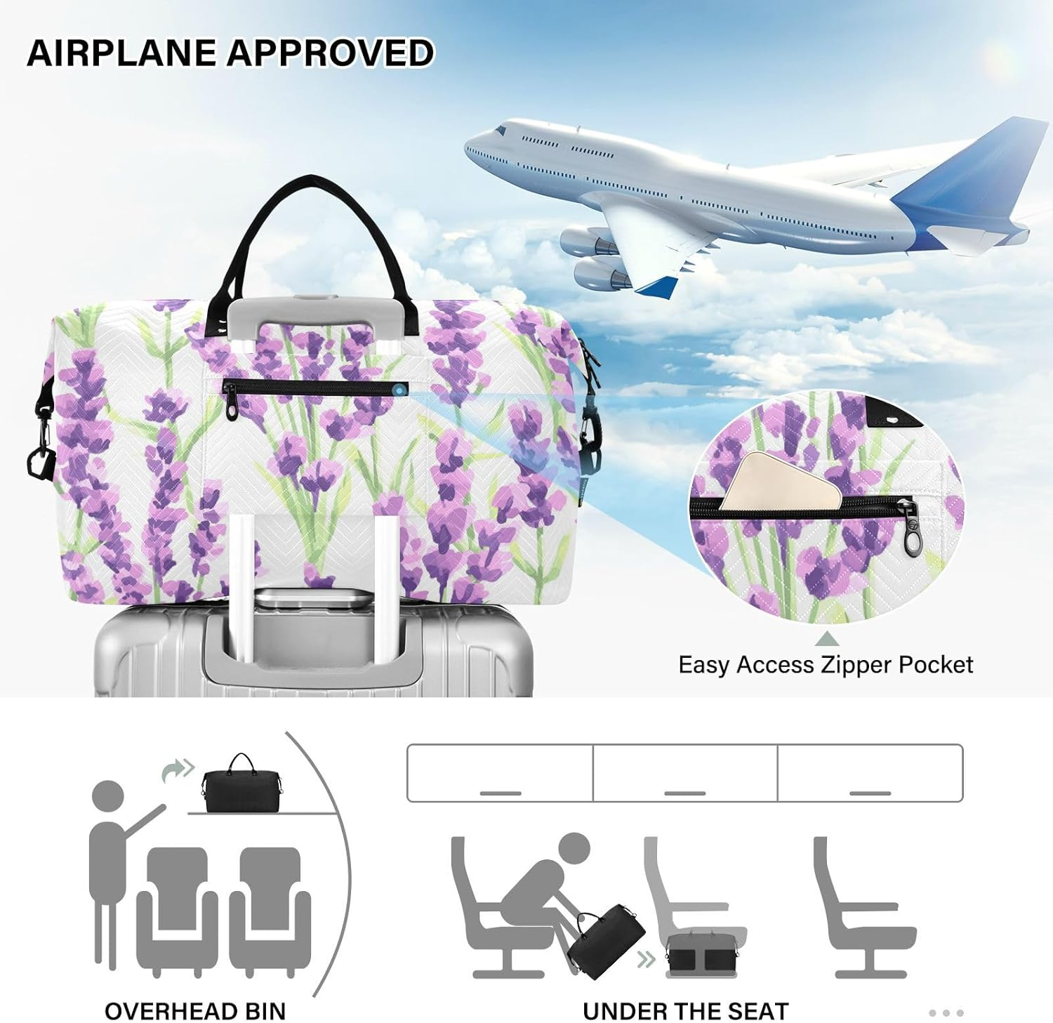 Duffel Bag Shoulder Weekender Overnight Bag Purple Lavender Flowers Gym Duffel Bag with Adjustable Strap for Sports, Purple Lavender Flowers, Set of 2, Art Deco image number 6