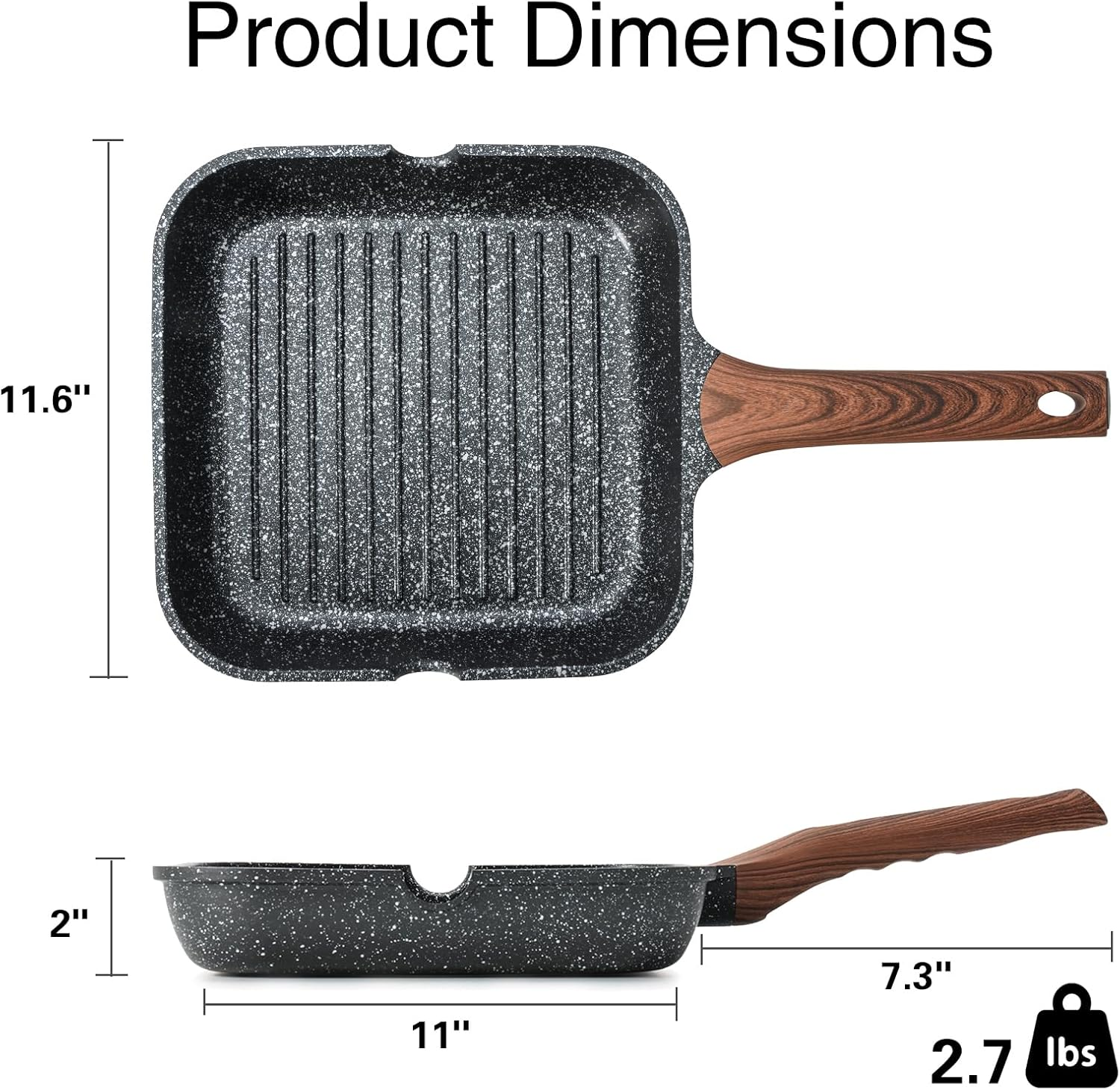 Kordisen Nonstick Grilling Pan for Stove Tops, 11 Inch Square Grill Pan for Indoor Cooking, Granite Coating Grill Skillet with Pour Spouts, Versatile Griddle, Induction Steak Pan, PFOA Free