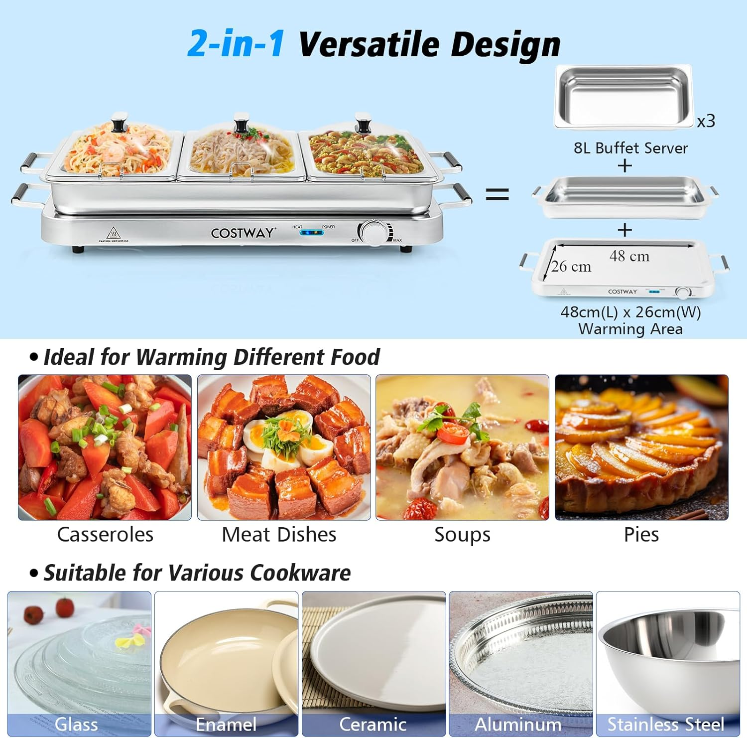 Costway Food Warmer Buffet Server, 450W Stainless Steel Electric Warming Tray, Adjustable Temperature, Transparent Lids W/Spoon Slot, 8L Chafing Dish Set for Parties, Banquets, Catering Events