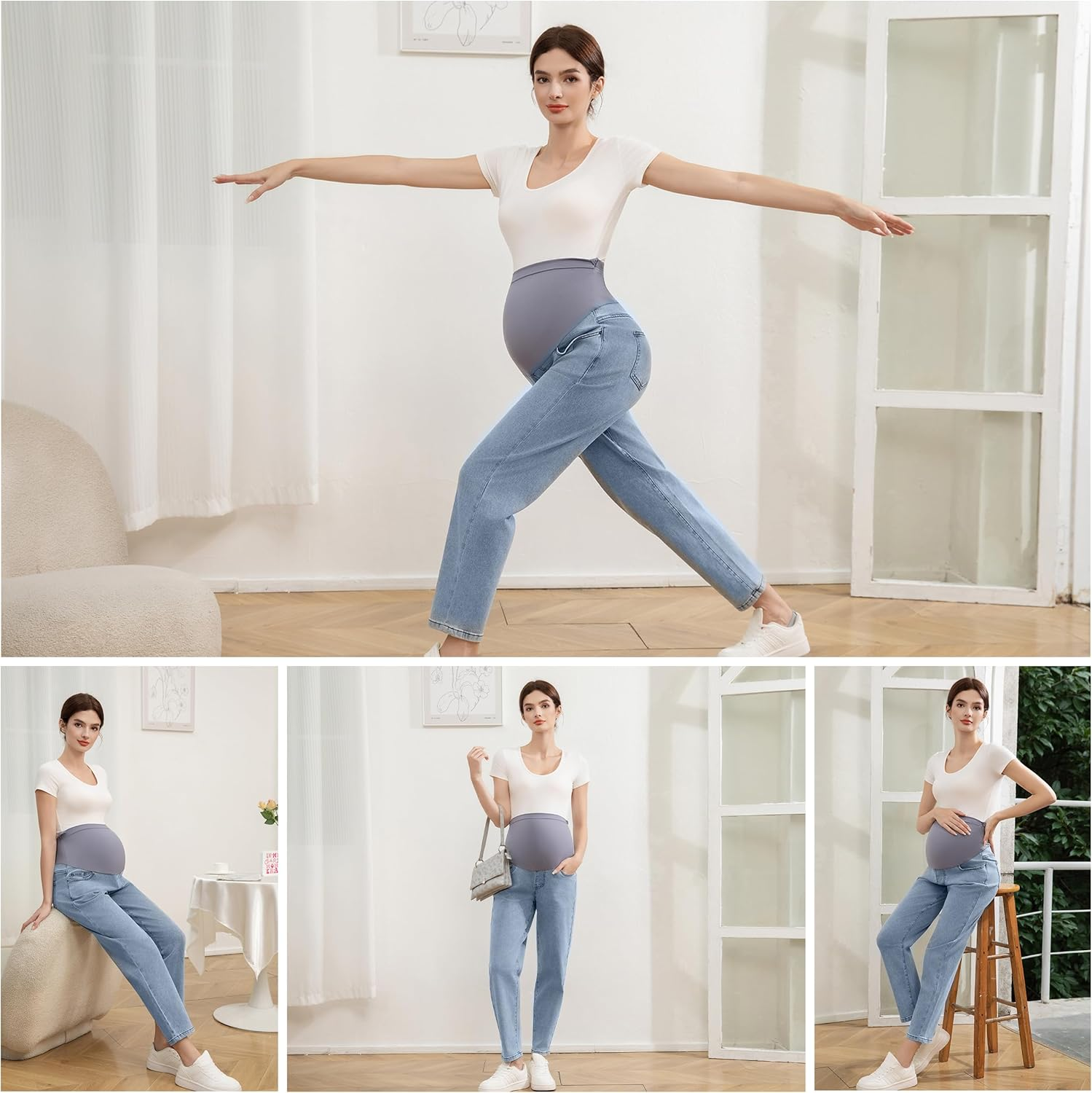 Women'S Maternity Jeans over Belly, Comfy Stretch Boyfriend Jeans, Loose Pregnancy Pants with Pockets image number 1