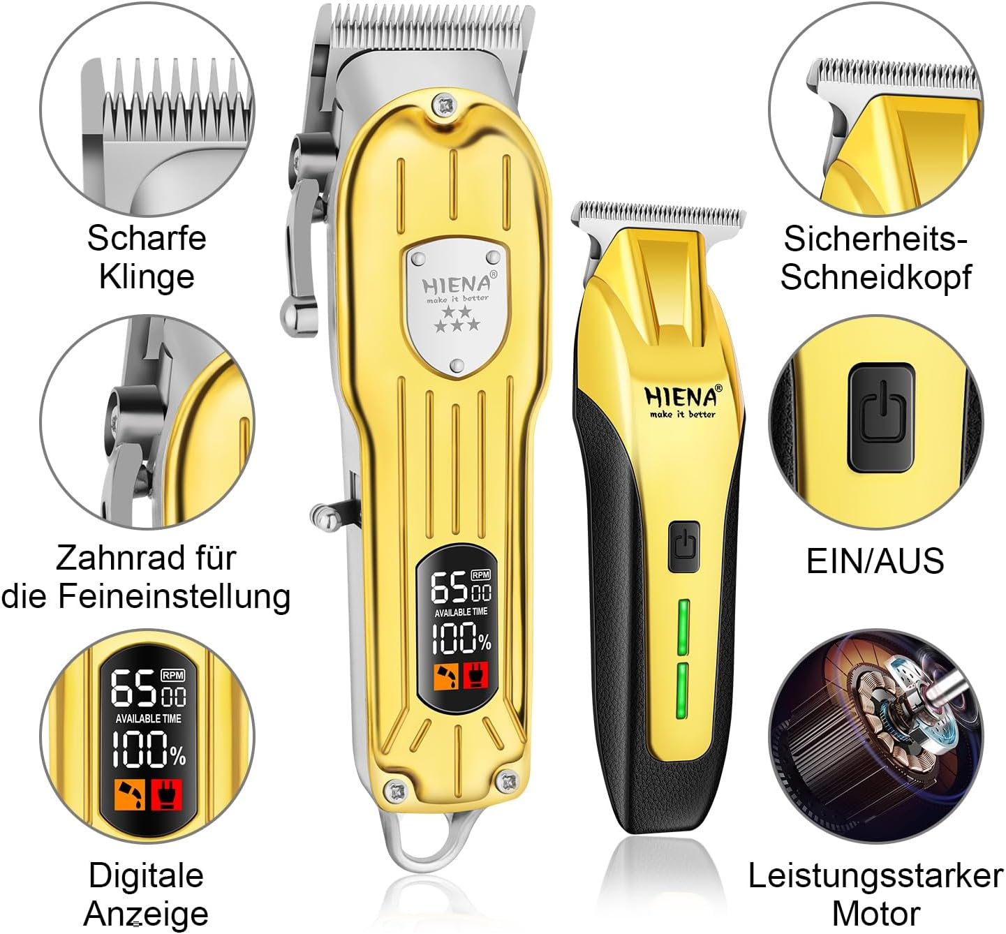 HIENA PRO Professional Hair Trimmer for Men, Hair Trimmer Kit, Beard Trimmer, Battery Hairdresser, Professional Hair Cutting Set, Beard Trimmer, Gold image number 3