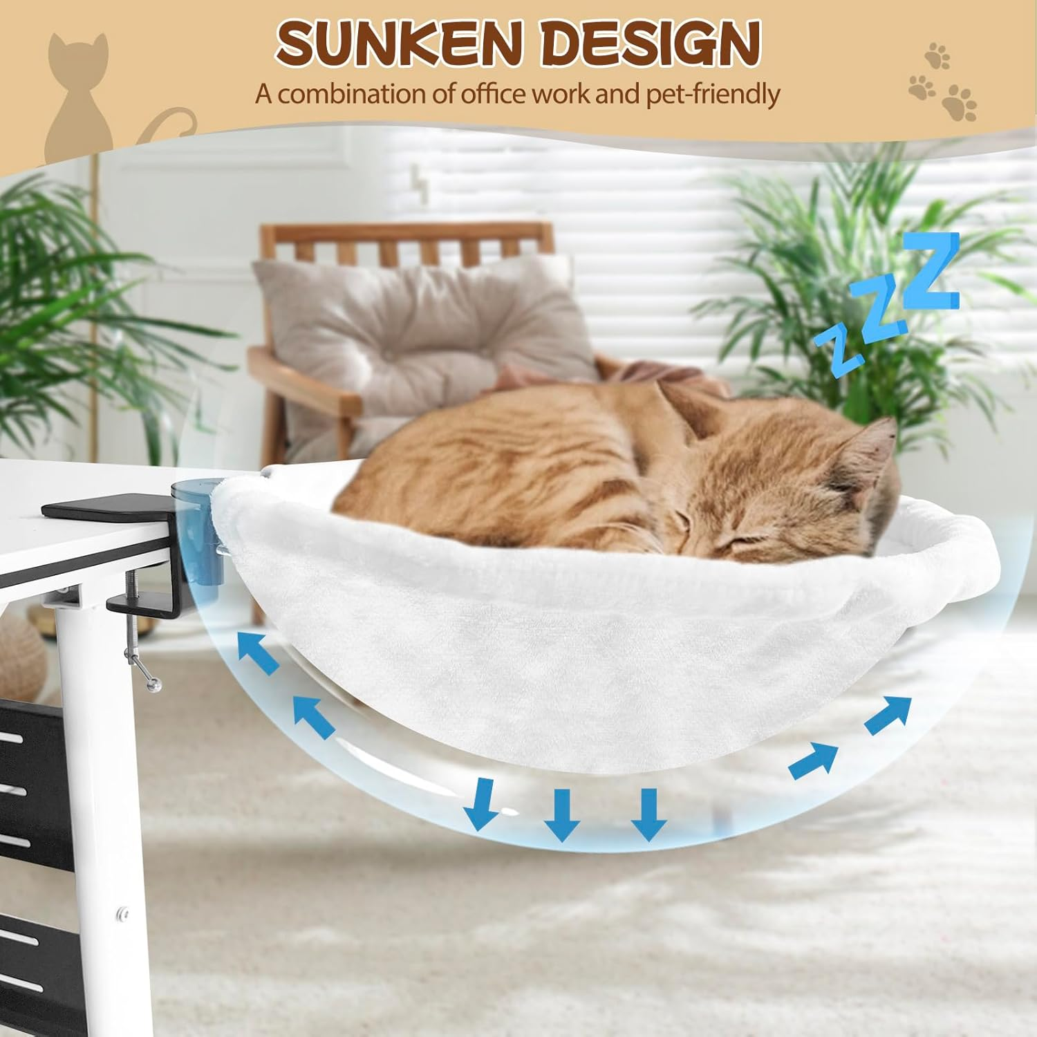 Homegroove Cat Desk Bed, Extra-Large & Space-Saving Cat Bed for Desk, Sunken Design Holds up to 40Lbs, Soft Faux Fur Material for Desk, Office, Gamers, Removable & Washable(White)