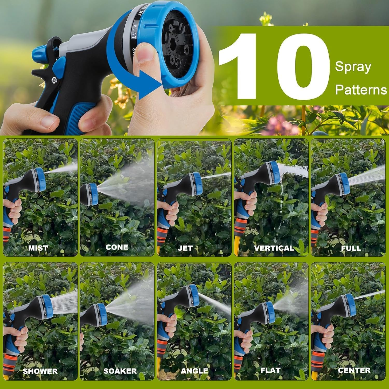 Hose Nozzle with Adjustable 10 Watering Patterns,Garden Hose Spray Nozzle with Slip Resistant High Pressure,Water Hose Nozzle Sprayer for Plants & Lawns Watering,Car Washing and Pet Showering image number 2