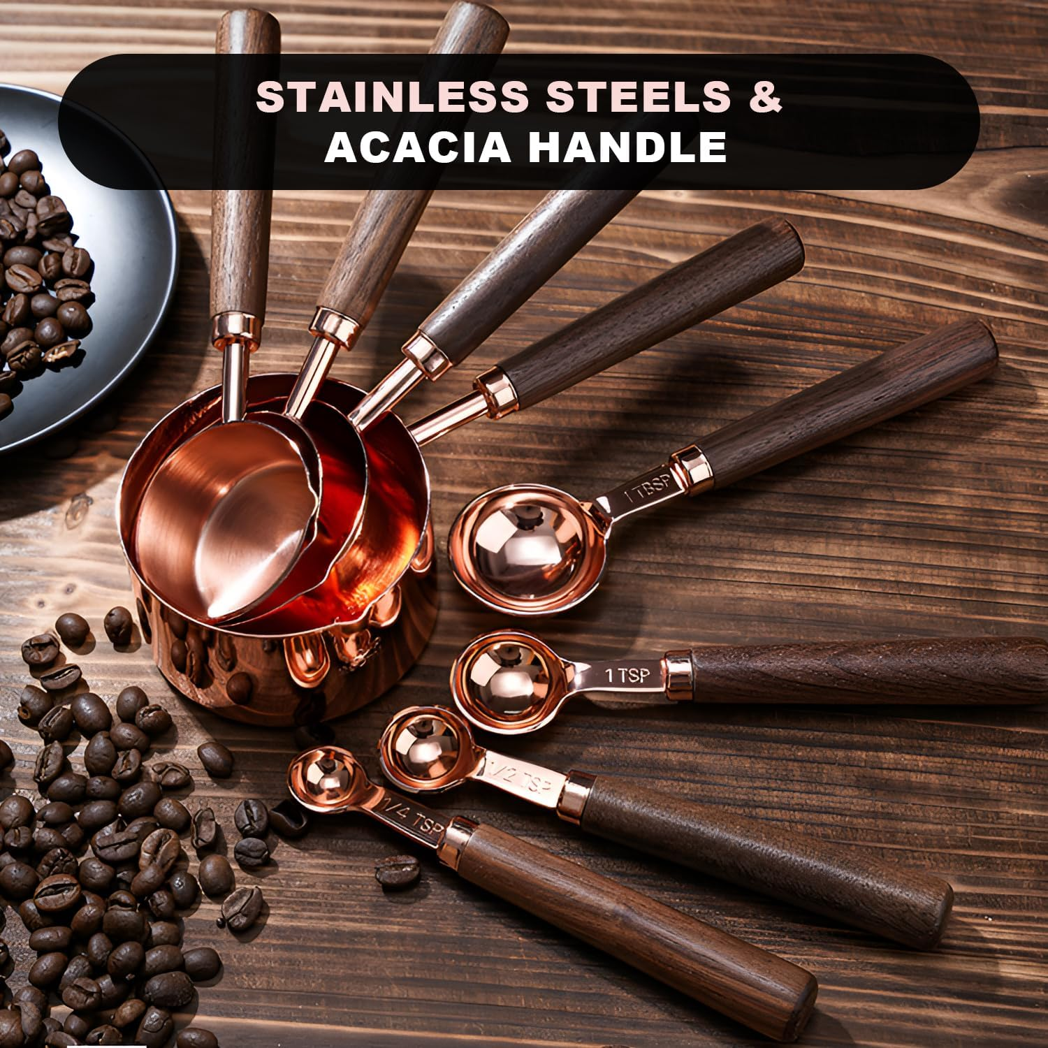 Gold Measuring Cups and Spoons Set with Wood Handles, Premium Stainless Steel Measuring Spoons and Measuring Cups Set (Set-Rose Gold) - Set-Gold image number 6