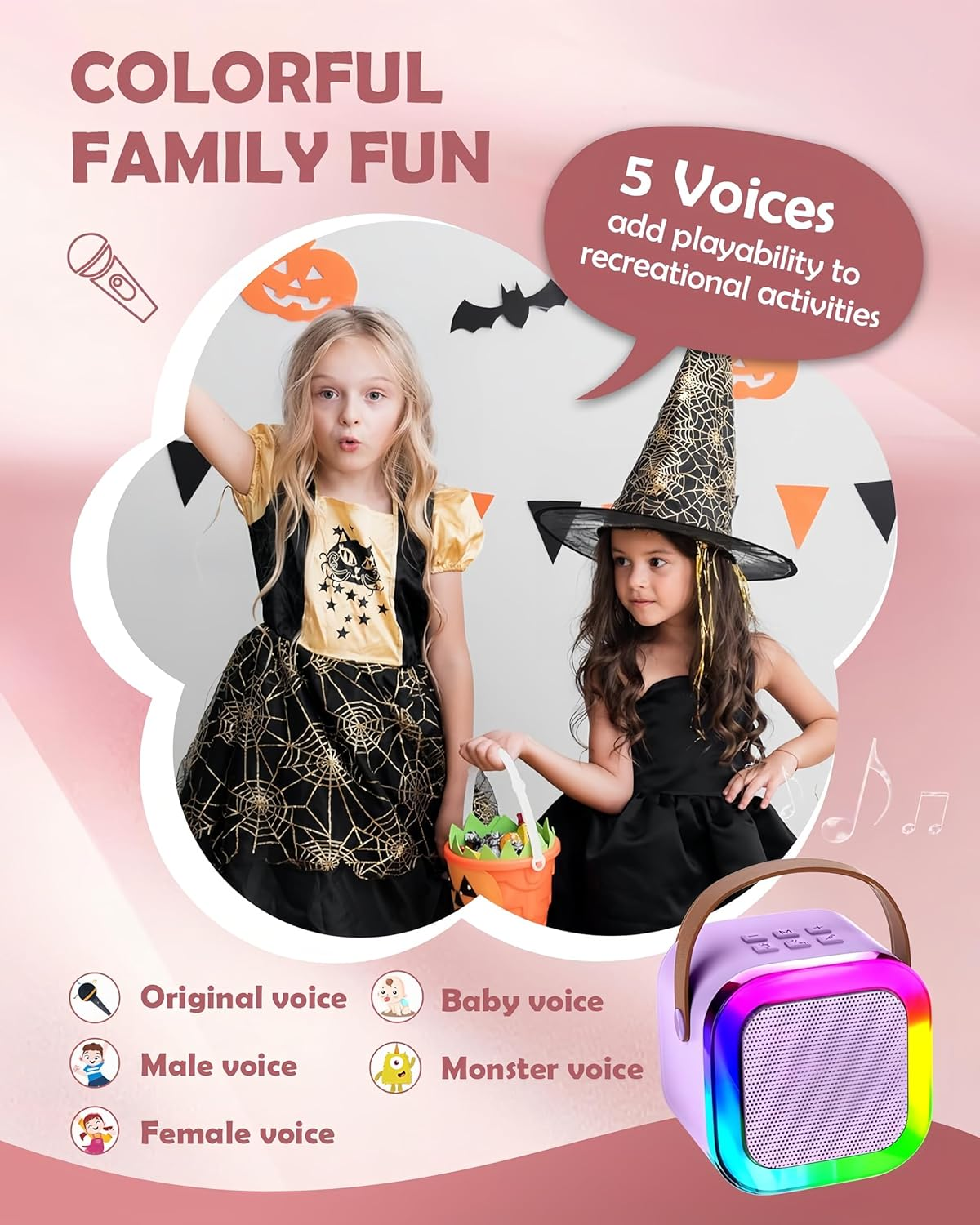 Mini Karaoke Machine Speaker for Kids Adults, Toys for Girls Boys Friends Age 3-12+, Birthday Gifts Portable Bluetooth Speaker with 2 Wireless Mics for 5 6 7 8 9 10 11 Years Teens Girl Boys (Purple) image number 3