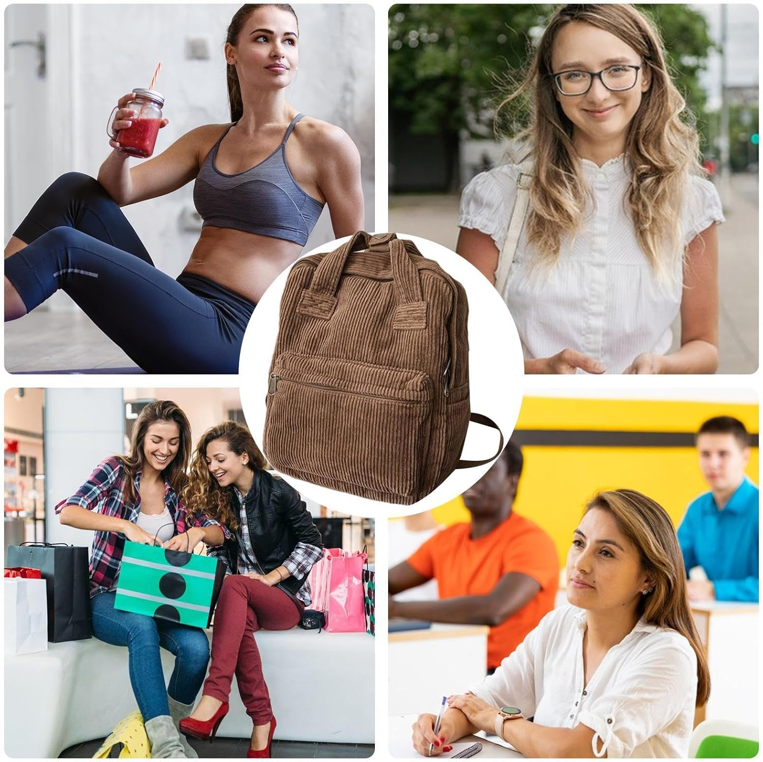 Large Corduroy Bookbag, Corduroy Laptop Backpack, Book Bag Purse with Handle, Laptop Bag for Girls, Aesthetic Backpack, Small Backpack Purse, Large Capacity for High - Brown image number 2