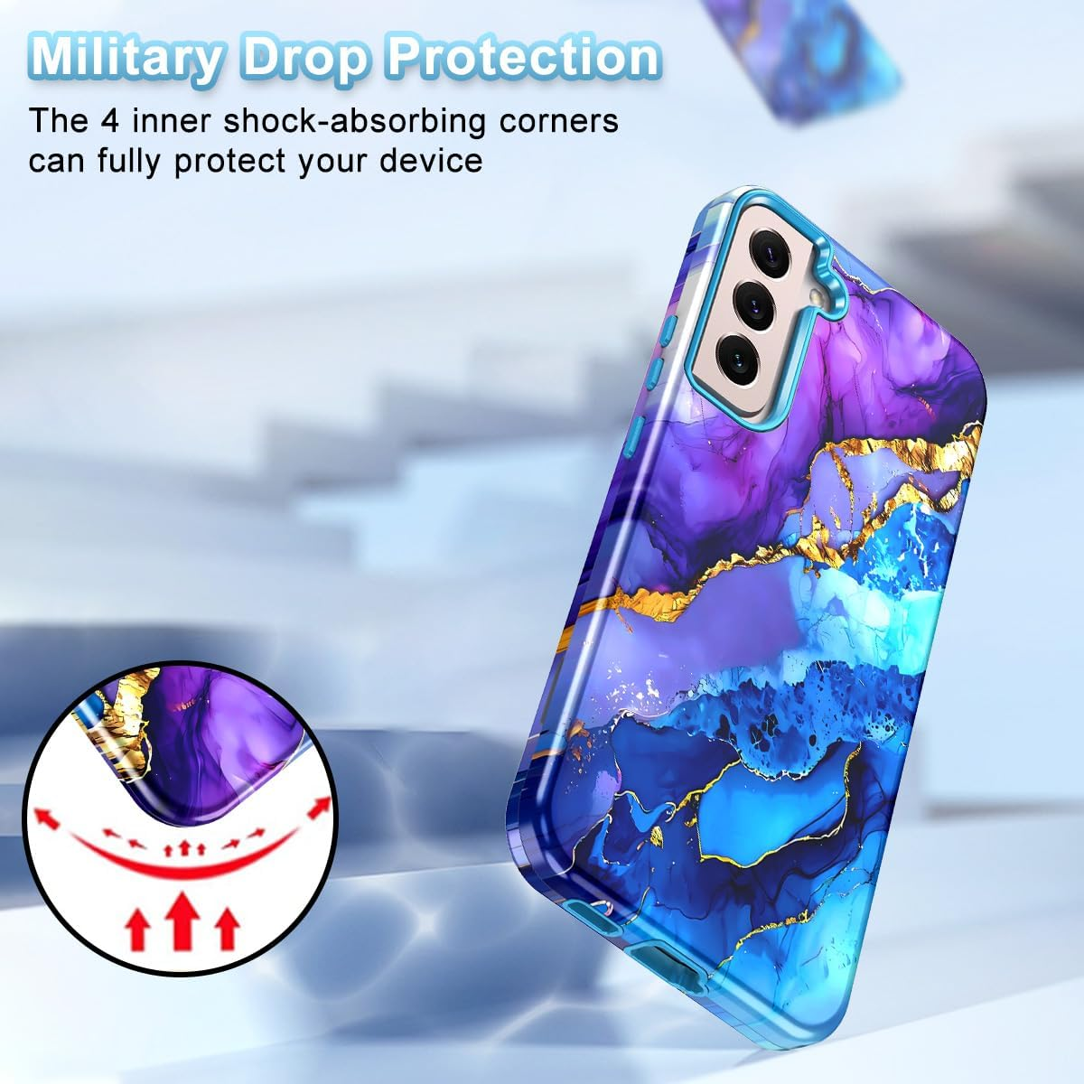 Btscase for Samsung Galaxy S22 5G Case,Marble Pattern 3 in 1 Heavy Duty Shockproof Full Body Rugged Hard Pc+Soft Silicone Drop Protective Women Girl Cover for Samsung Galaxy S22 6.1 Inch,Sky Blue - Colorful image number 5