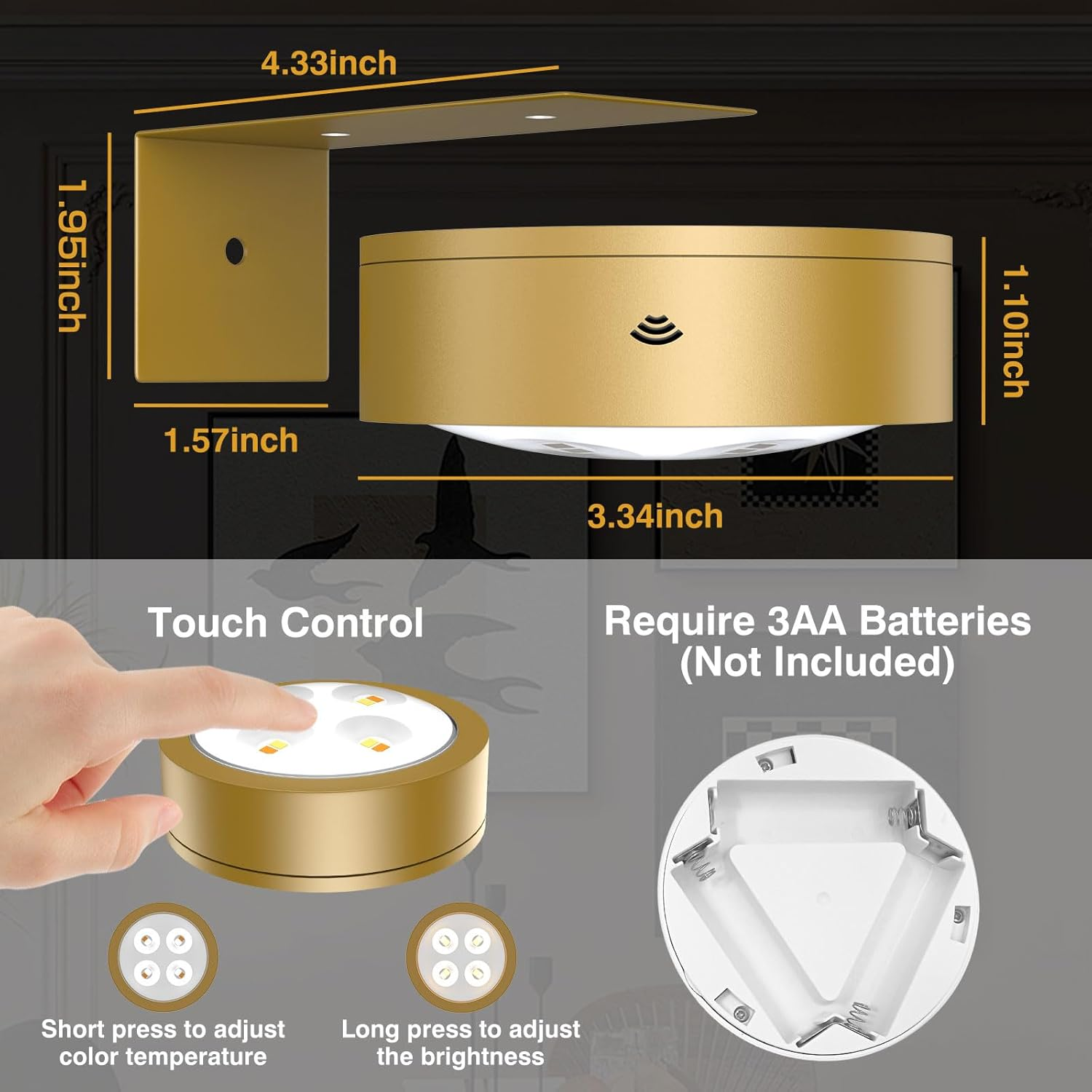 EUIOKUN 3Pack Wireless Picture Light,Battery Operated Painting Light with Remote,Magnetic Timer Display Art Lamp for Wall,Dimmable Picture Frame Light for Frame Artwork,Wall Decor Puck Lights-Gold image number 3