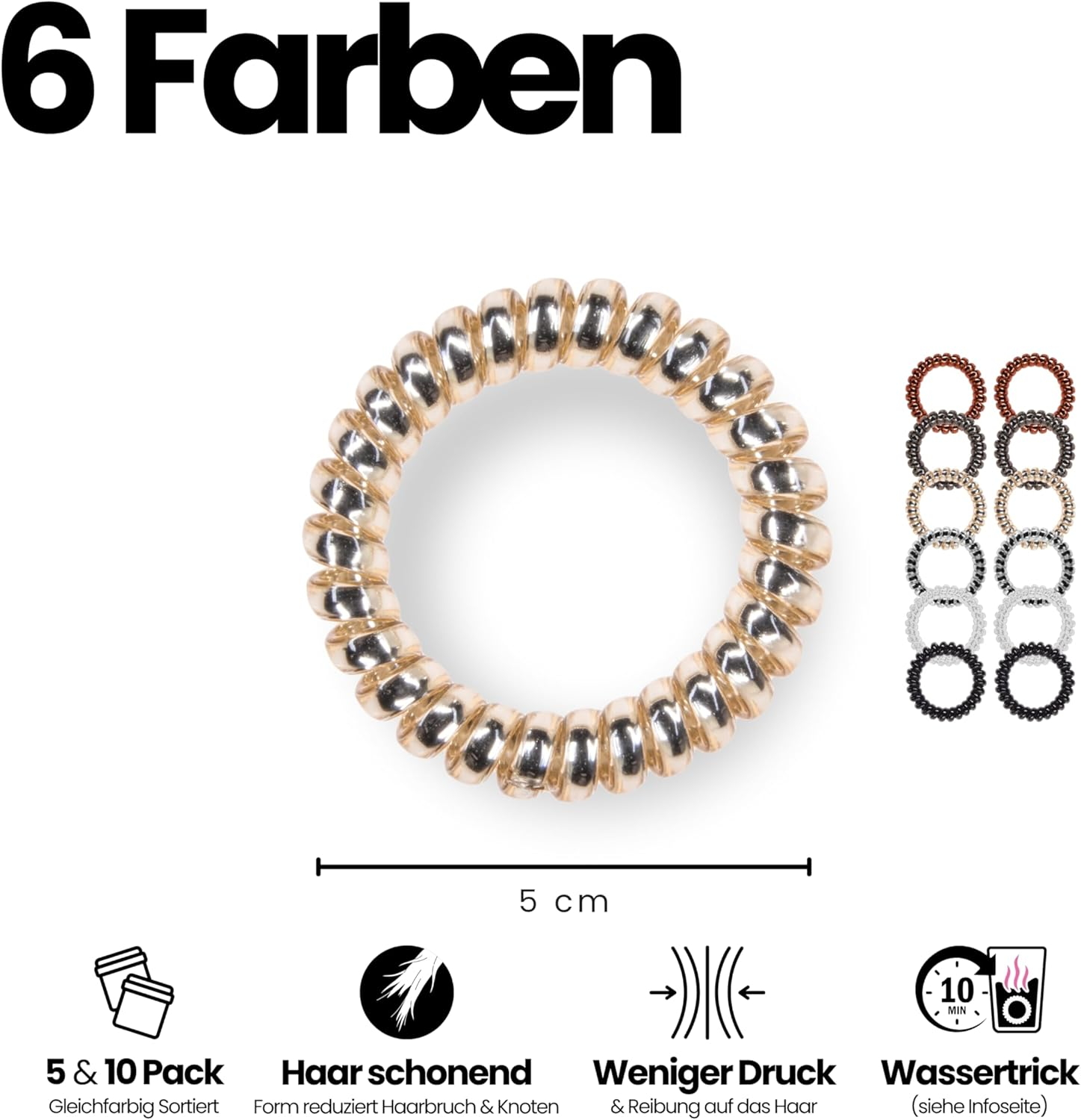 Specora - Spiral Hair Scrunchies Pack of 12-5 Cm TPU - 6 Colours Each 2 Pieces Black | Transparent | Anthracite | Red/Brown | Gold | Silver image number 4