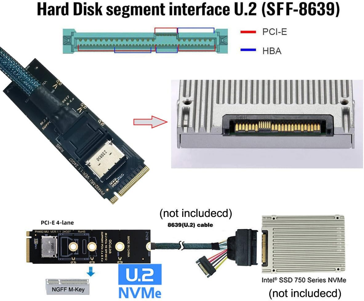 CY Card 2280 PCI-E4.0 M.2 M-Key to Oculink SFF-8612 SFF-8611 Vertical Host Adapter for NVME U.2 SSD Egpu