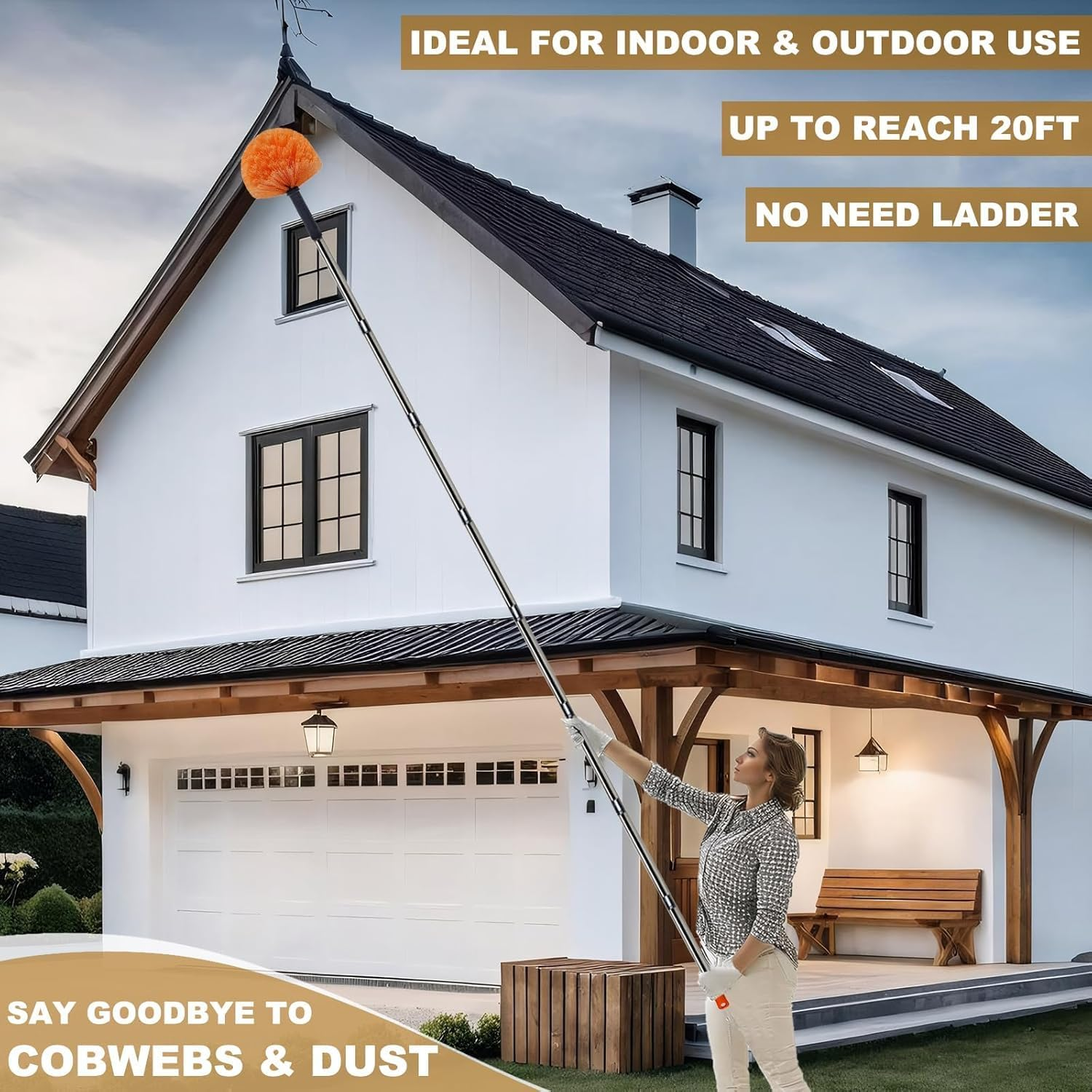 20 Ft+ High Reach Duster Kit with 3-13 Ft Detachable Pole//High Ceiling Chenille, Microfiber & Cobweb Dusters & Cleaning Tool for Home Indoor & Outdoor