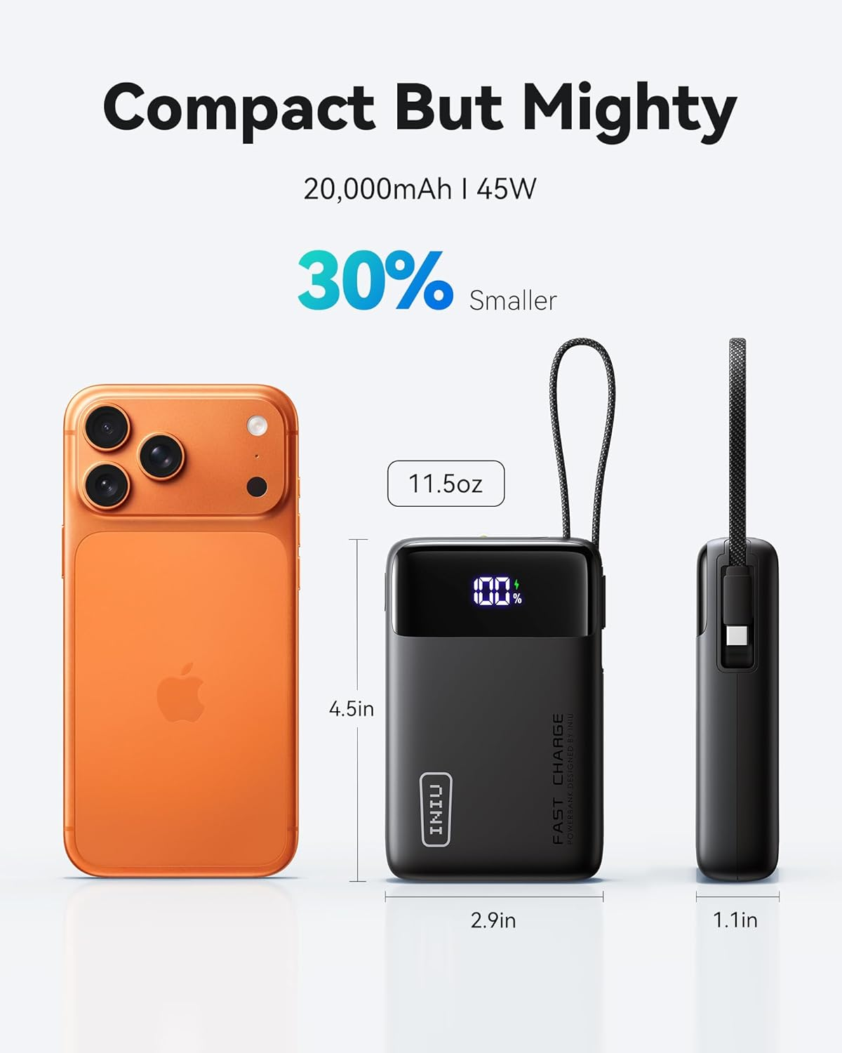 INIU Power Bank, 20000Mah 45W Portable Charger with Built in Cables, Fast Charge 3 at Once, USB C in & Out Battery Pack Fast Charging, PD 3.0+QC 4.0 Compatible with Iphone 16 15 14 13 Etc.