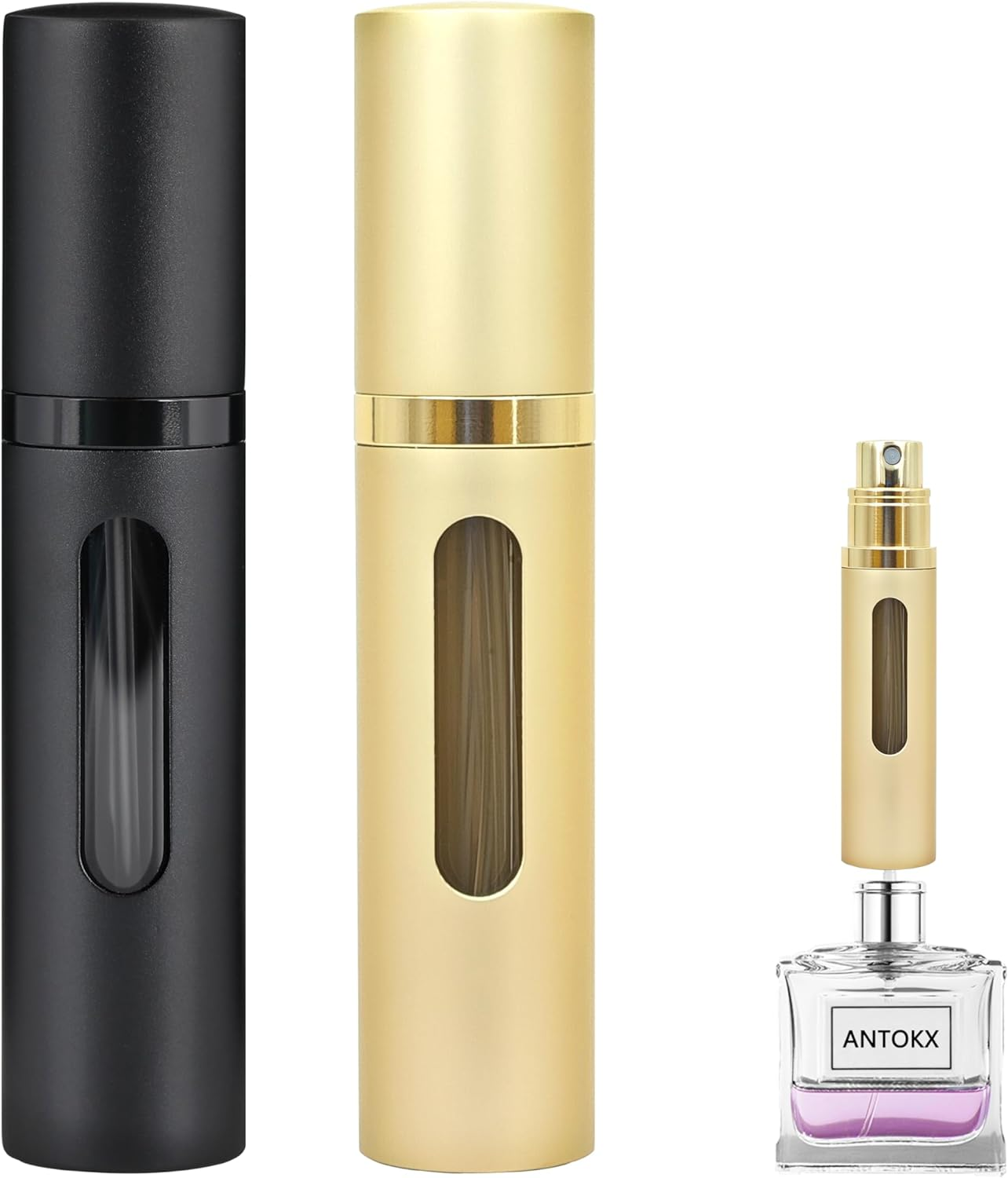 Travel Perfume Bottle Refillable Atomizer - 3-Pack 5ML ANTOKX Perfume Atomiser, Pocket Perfume Dispenser, Perfume Bottles Empty, Leakproof Perfume Sprayer for Women and Men (Black & Grey & Gold)