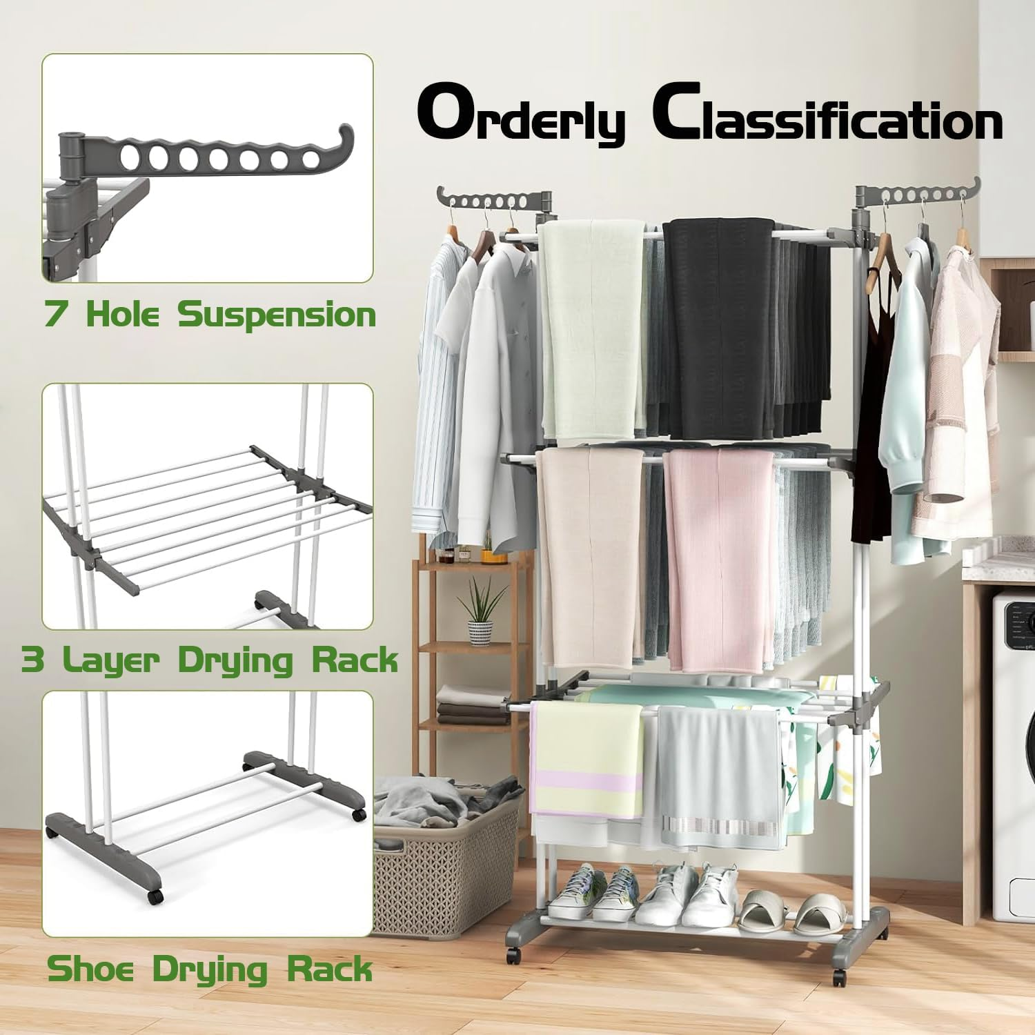 Yuedefly Professional 4 Tier Foldable Clothes Drying Rack, Clothes Airer, Drying Rack, Clothes Rack, Adjustable Large Stainless Steel Laundry Rack for Indoor and Outdoor Use, Grey