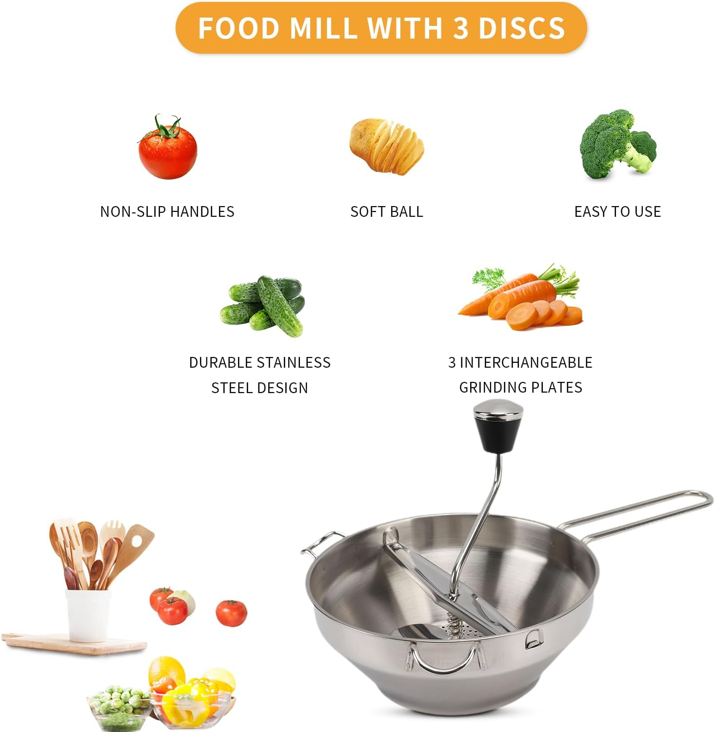 Food Mill Stainless Steel, Food Mill with 3 Discs, Handle Baby Food Grinder Hand Crank, the Rotary Food Mill for Tomato Sauce, Potatoes, Baby Food or Canned Goods image number 2