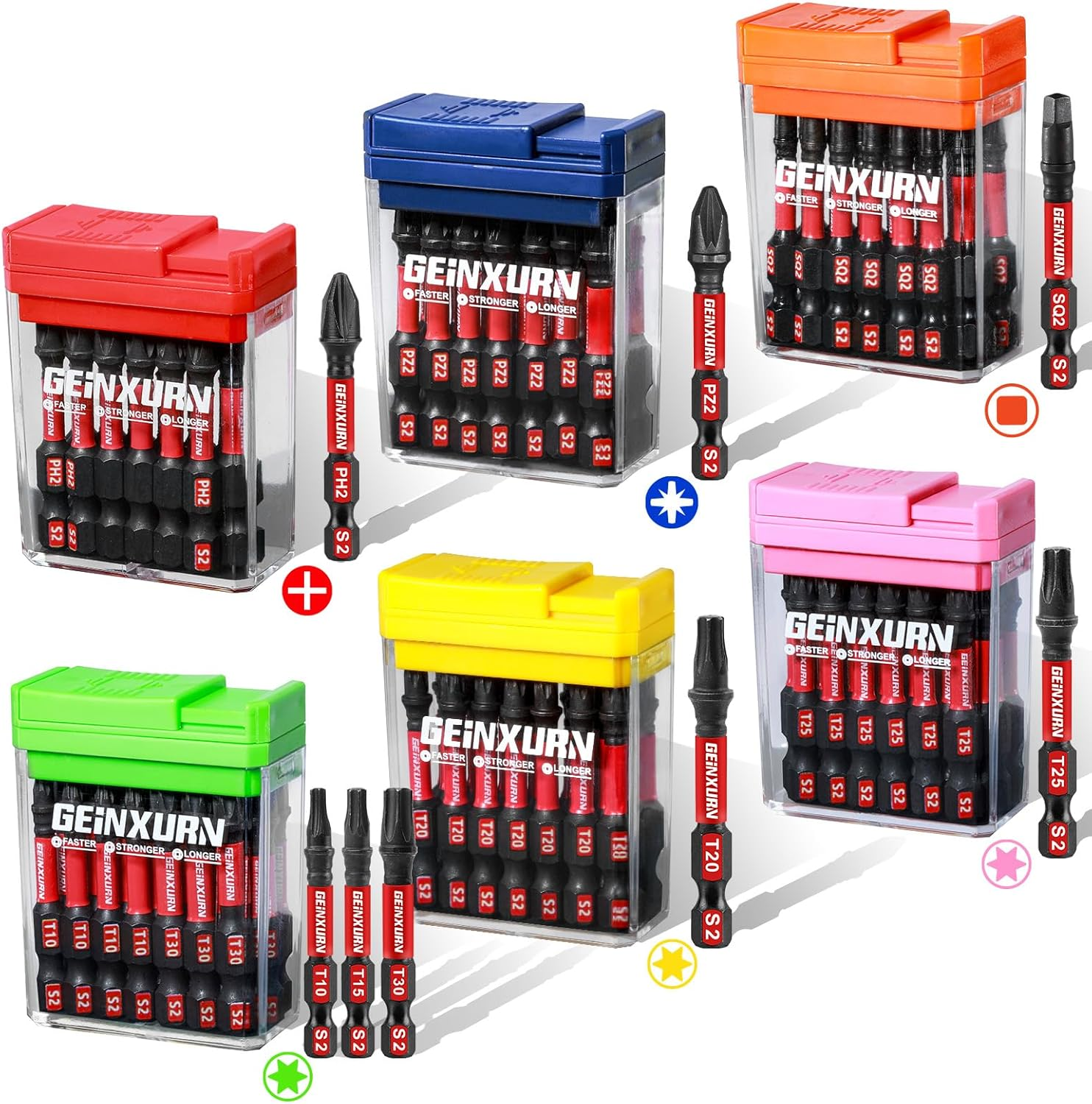 Geinxurn 90 Pieces Impact Screwdriver Bits Set with Colorful Boxes, 2" Magnetic (PH2,PZ2,SQ2,T10,T15,T20,T25,T30) S2 Steel Multi Driver Bits