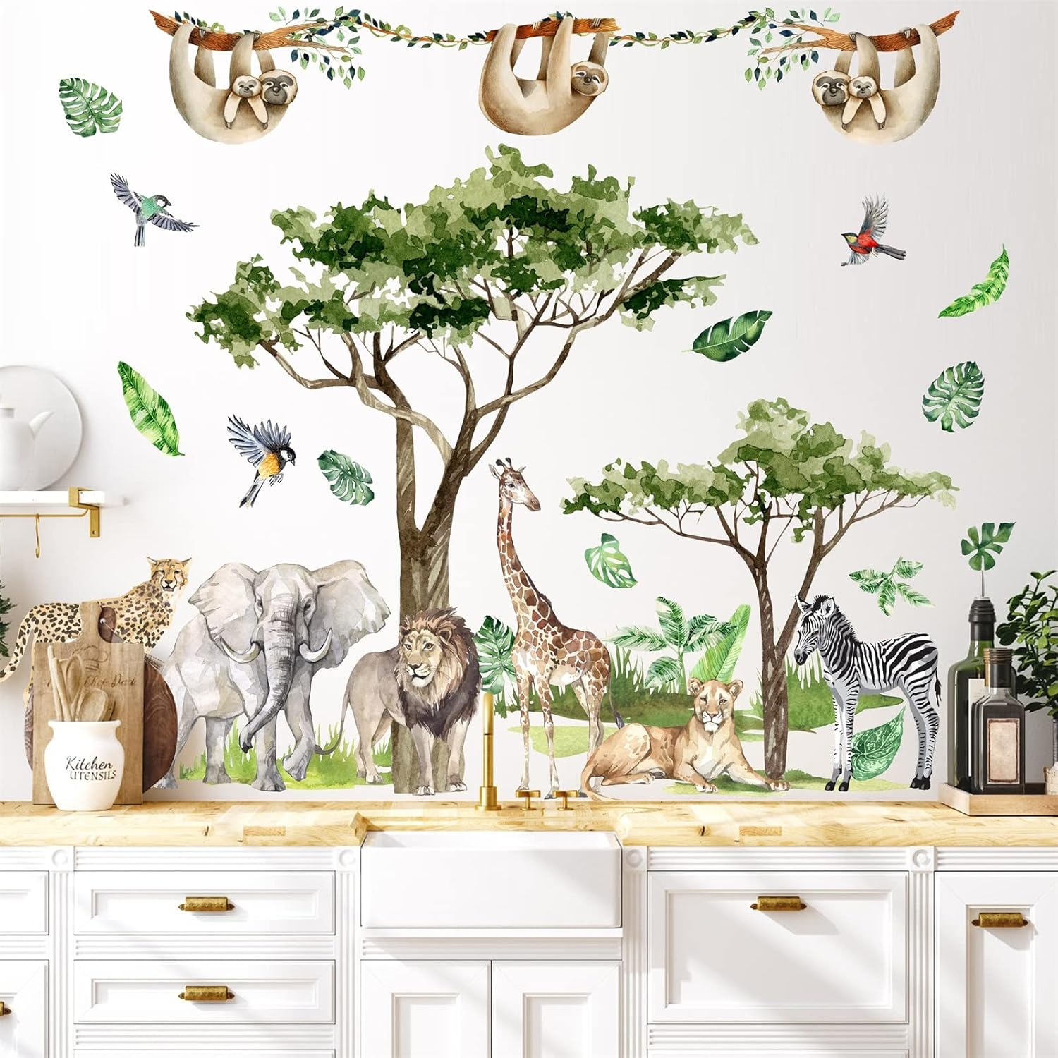 Jungle Animal Wall Decals - Safari and Wild Animal Wall Stickers for Nursery, Living Room, Bedroom - Large Zoo Animal Decor with Jungle Tree Forest Theme