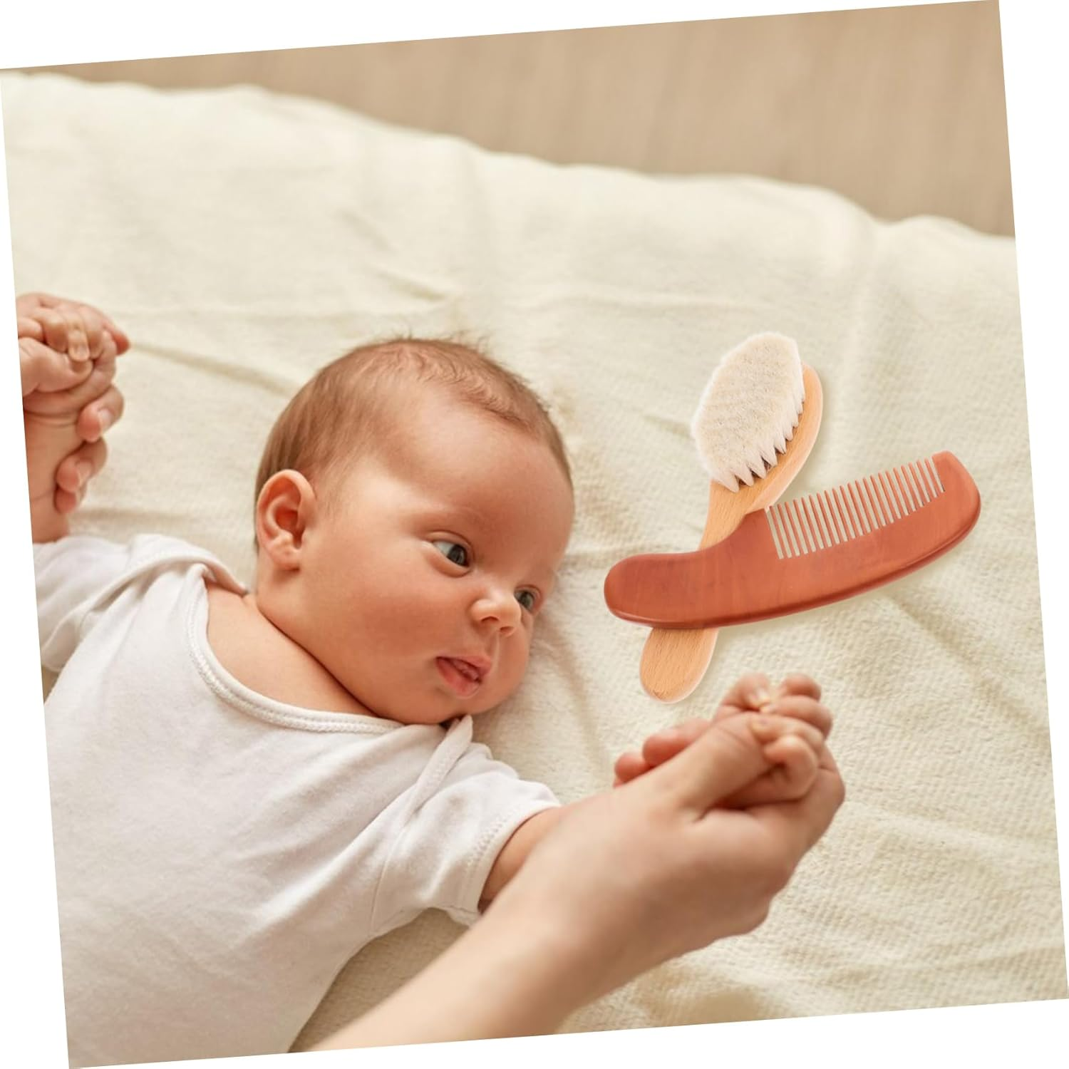 SHERCHPRY Wooden Handle Baby Comb and Brush Set 2Pcs Hair Care Kit for Infants Soft Wool Brush and Comb for Newborns for Bathing and Daily Grooming image number 3